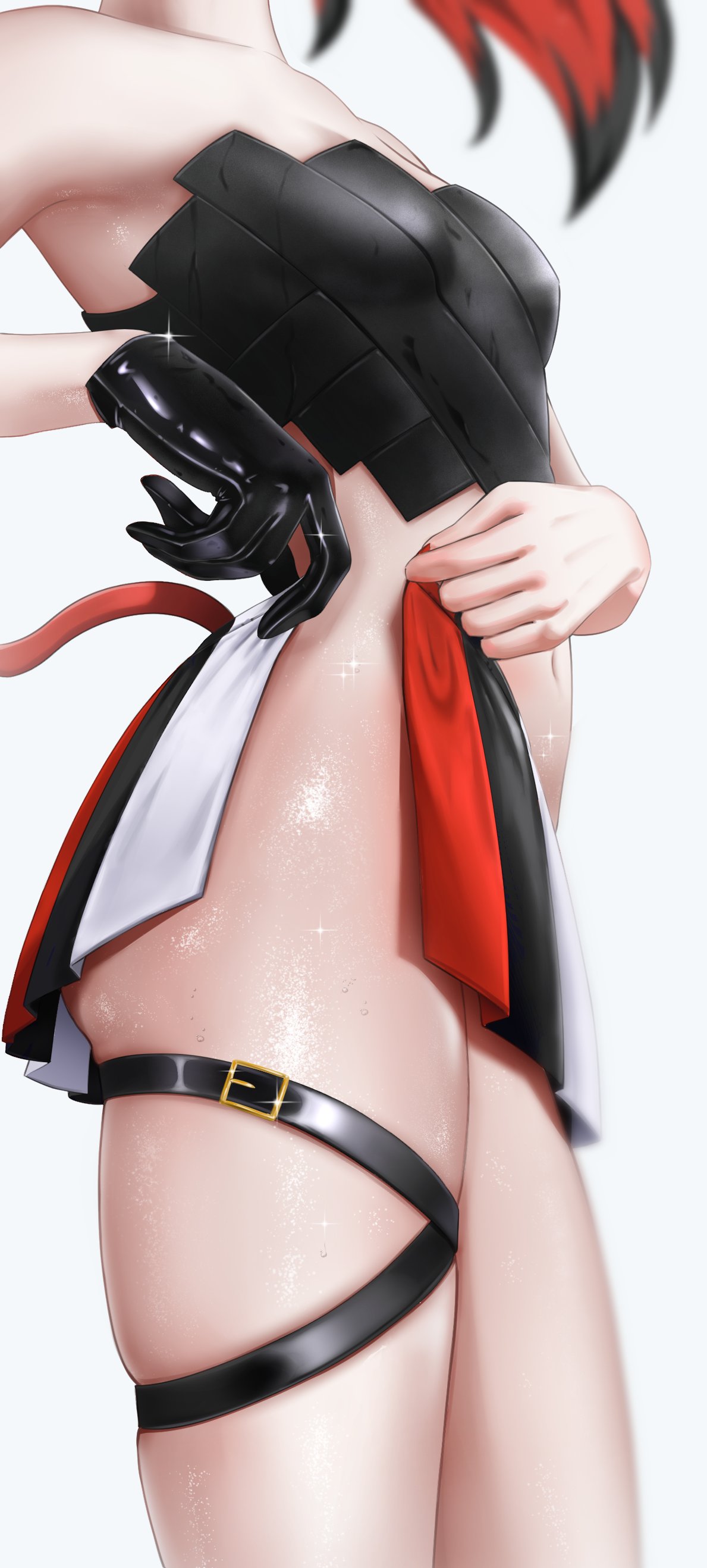 absurdres, adjusting clothes, adjusting skirt, armpits, bare shoulders, black gloves, black hair, black shirt, breasts, collarbone, commentary, english commentary, female, gloves, hakos baelz, hakos baelz (1st costume), head out of frame, highres, hololive, hololive english, hololive english -council-, hololive english -promise-, long hair, luke s, medium breasts, mouse girl, mouse tail, multicolored hair, multicolored skirt, navel, no panties, pleated skirt, red hair, shirt, simple background, single glove, skindentation, skirt, sleeveless, sleeveless shirt, solo, strapless, strapless shirt, streaked hair, sweat, tail, thigh strap, thighs, virtual youtuber, white background