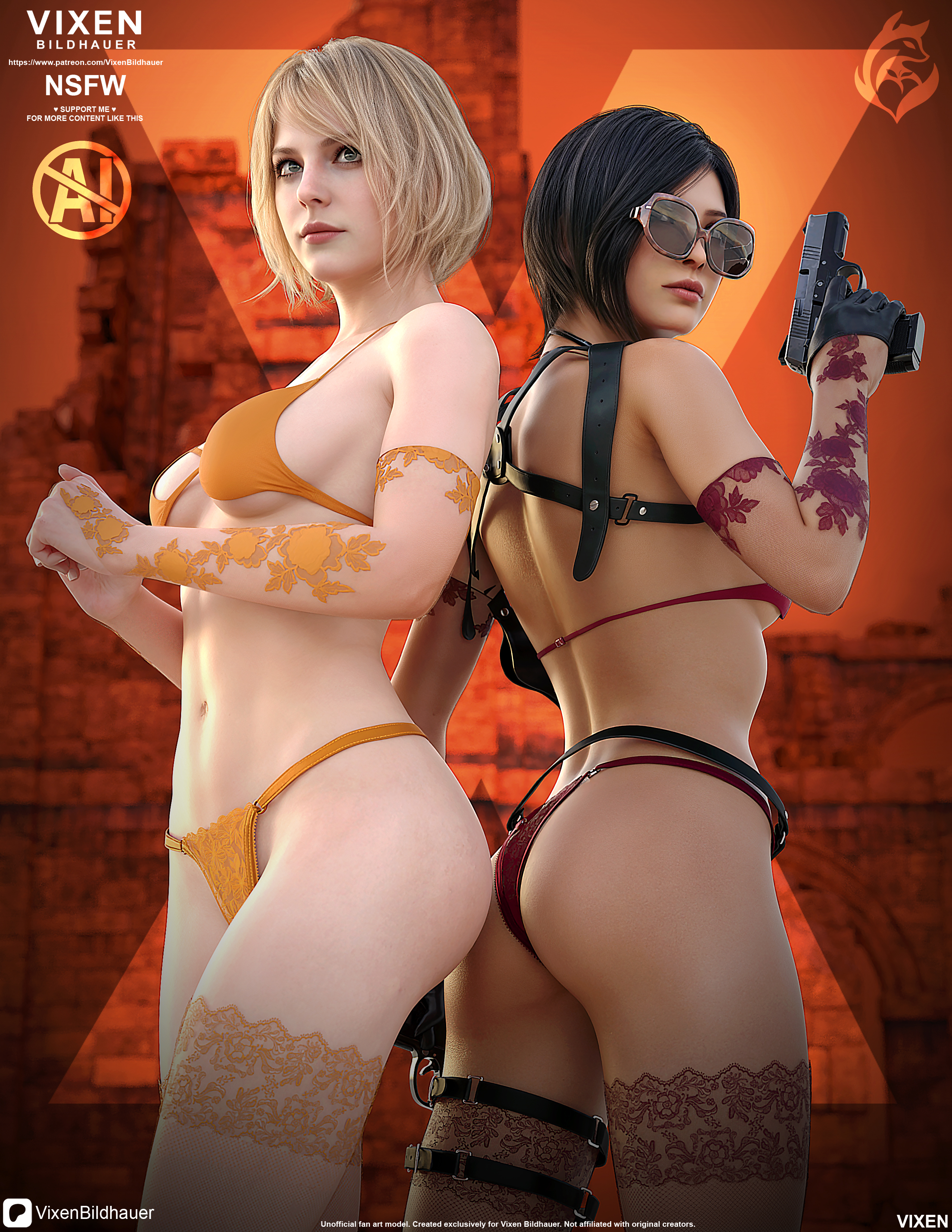 3d, ada wong, ashley graham, ashley graham (ella freya), asian, asian female, ass, black hair, blonde female, blonde hair, blonde hair female, breasts, busty, busty female, cheeks, female, lesbian couple, lingerie, lingerie only, lingerie under clothes, pale skin, pale-skinned female, petite, petite body, petite breasts, petite female, pose, posing, resident evil, resident evil 2, resident evil 2 remake, resident evil 4, resident evil 4 remake, sexy, sexy body, sexy pose, side view, sideboob, vixen bildhauer, yuri