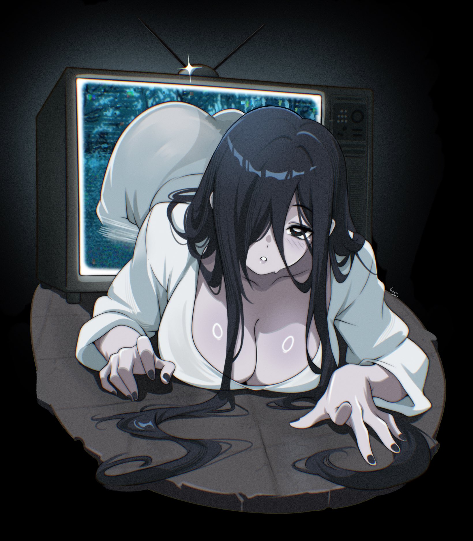 1girls, black background, black eyes, black hair, black nails, breasts, cleavage, collarbone, commentary, crt, dress, female, female only, hair over one eye, highres, large breasts, long hair, looking at viewer, parted lips, solo, the ring, through medium, through screen, vizaz, white dress, yamamura sadako