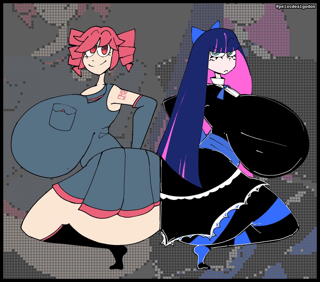 2025, 2girls, arms behind back, asses touching, big ass, big breasts, black shirt, black skirt, bow, bowtie, breasts, clothed, clothing, drawing, drawn, eyelashes, eyeliner, fat ass, female, female focus, female only, female/female, goth, goth girl, gothic, happy female, huge ass, huge breasts, image, kasane teto, large breasts, leggings, long hair, massive ass, massive breasts, mommy milkers, multicolored hair, no sex, panty & stocking with garterbelt, pelosdealgodon, phat ass, plump, plump ass, really long hair, red eyes, red hair, skirt, slim waist, smiling, smiling at viewer, stocking anarchy, thepinkthing, thick thighs, utau