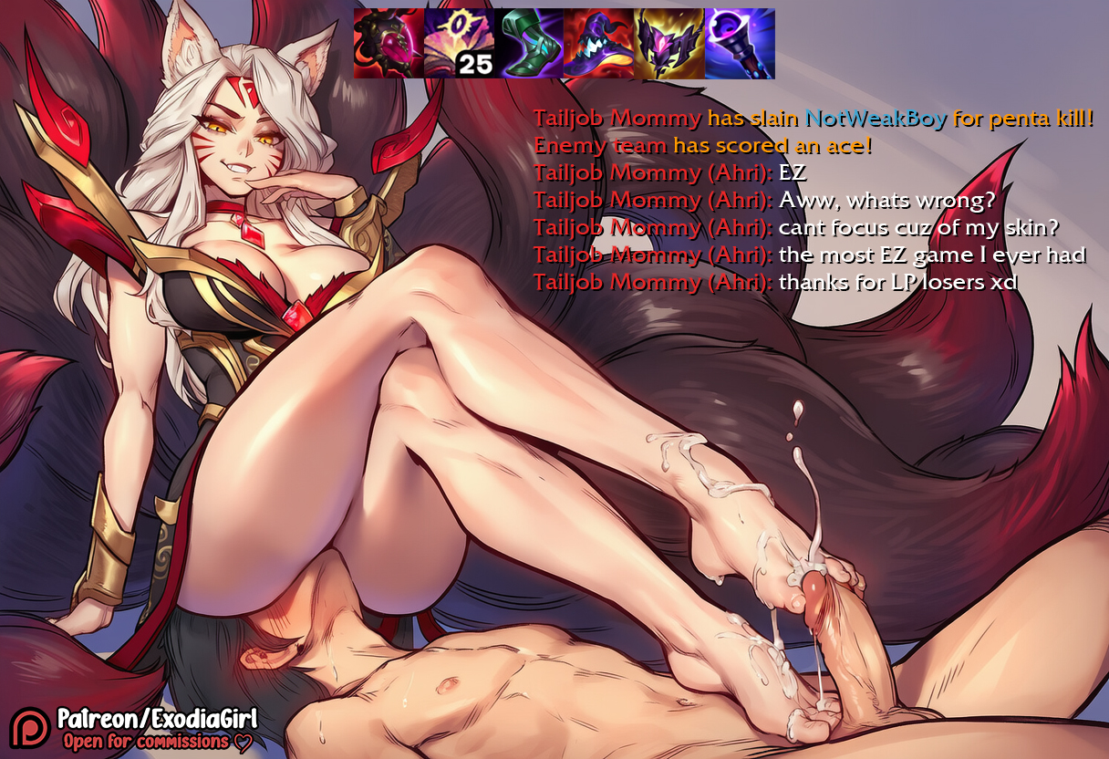1boy, 1girls, 9 tails, ahri, ai assisted, ai generated, big breasts, blush, breasts, bully, bullying, chat, chat log, clothed, clothing, cum, cum on body, cum on feet, dominant female, english text, erection, exodia girl, female, female on top, femdom, foot fetish, footjob, fox ears, fox girl, fox tail, game chat, girly, humiliation, immortalized legend ahri, items, large ass, large breasts, larger female, league of legends, male, mommy, naked, naked male, penis, pussy, riot games, sex, smaller male, smile, smirk, stepped on, stepping on penis, struggling, submissive male, sweat, sweating, tagme, tail, taller female, text, thighs, watermark