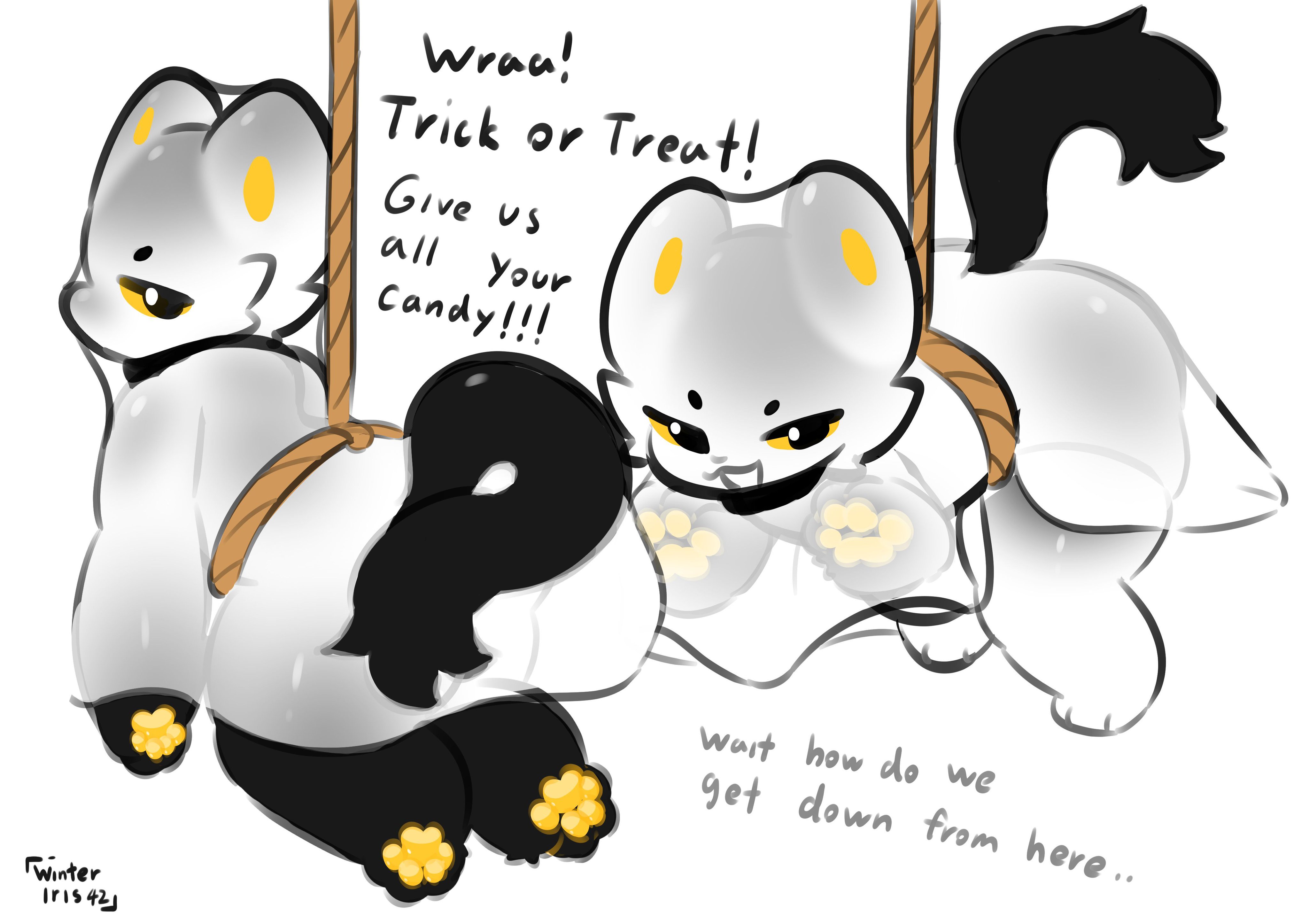 absurd res, ambiguous gender, anthro, ass, black body, black fur, bondage, bound, butt focus, domestic cat, ears up, english text, felid, feline, felis, fur, ghost costume, halloween, hi res, holidays, mammal, off the ground, pawpads, presenting, presenting hindquarters, restraints, rope, rope bondage, rope harness, smug, solo, stuck, tail, text, trick-or-treating, winteriris42, yellow eyes, yellow pawpads