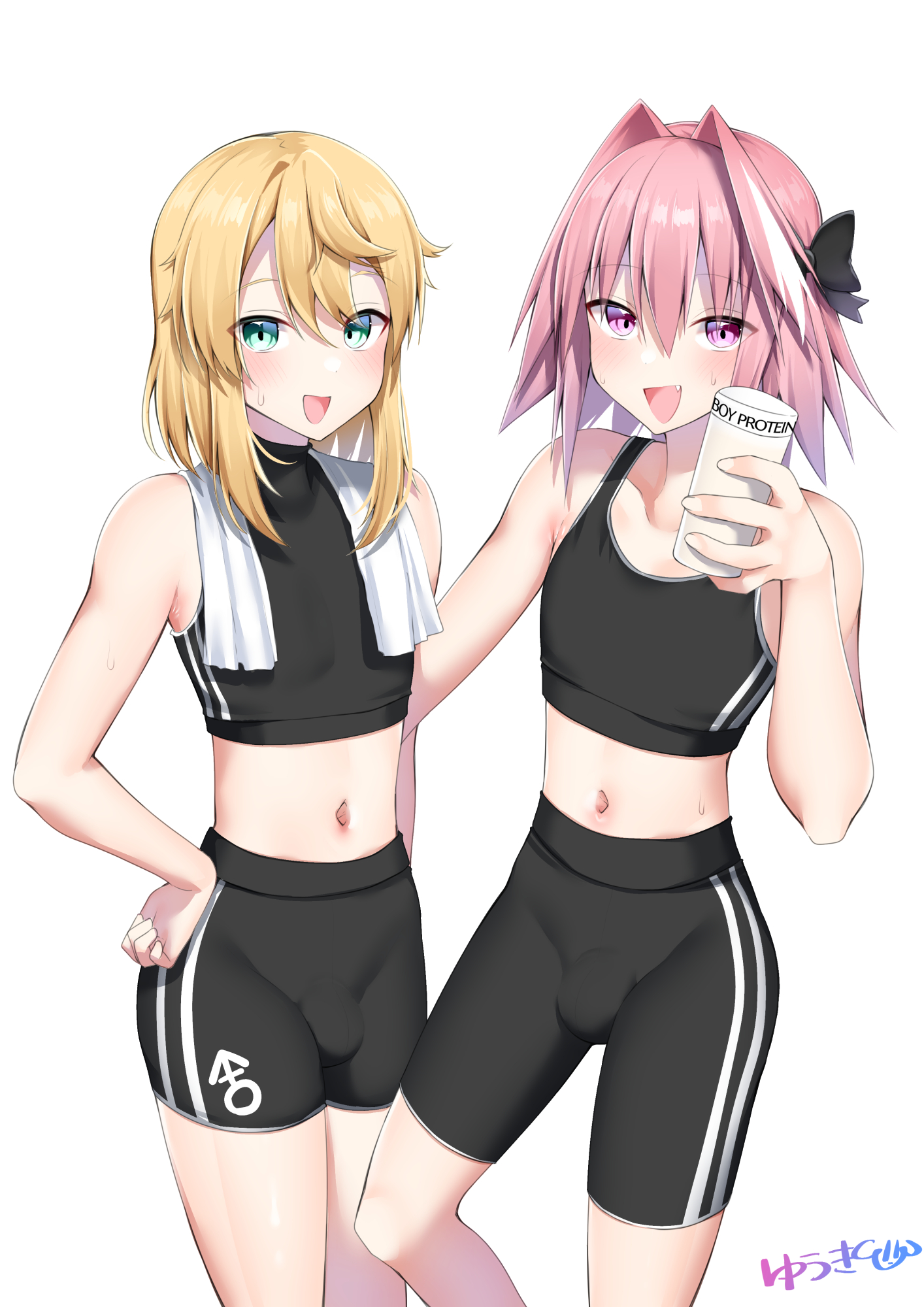 androgyne symbol, astolfo (fate), bike shorts, blonde hair, bridget, bridget (guilty gear), bulge, bulge size difference, bulge through clothing, crossdressing, cute fang, duo, fate (series), fate/grand order, femboy, guilty gear, gym clothes, hand on hip, implied cum, implied cum inside, kitajima yuuki, light-skinned male, looking at viewer, midriff, midriff baring shirt, multiple penises, navel, otoko no ko, penis, protein shake, sadistic wanko, skinny, slender body, sports bra, sweat, sweaty, sweaty body, tight clothing, tight pants, trans woman, trap