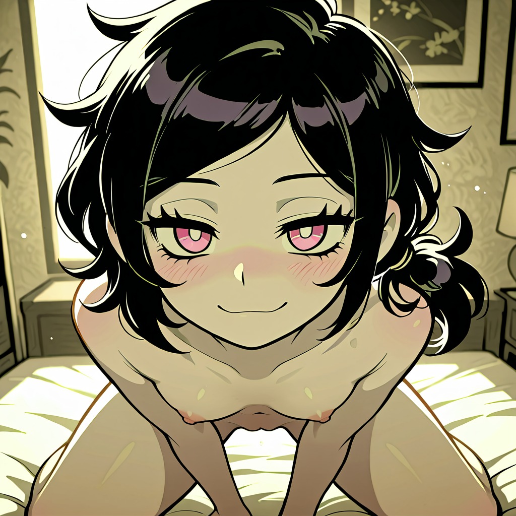 ai art, ai generated, ashley graves, bedroom eyes, black hair, cute, cute face, female, female focus, female only, looking at viewer, naked, naked female, nipples, nude, nude female, pink eyes, pussy, solo, the coffin of andy and leyley