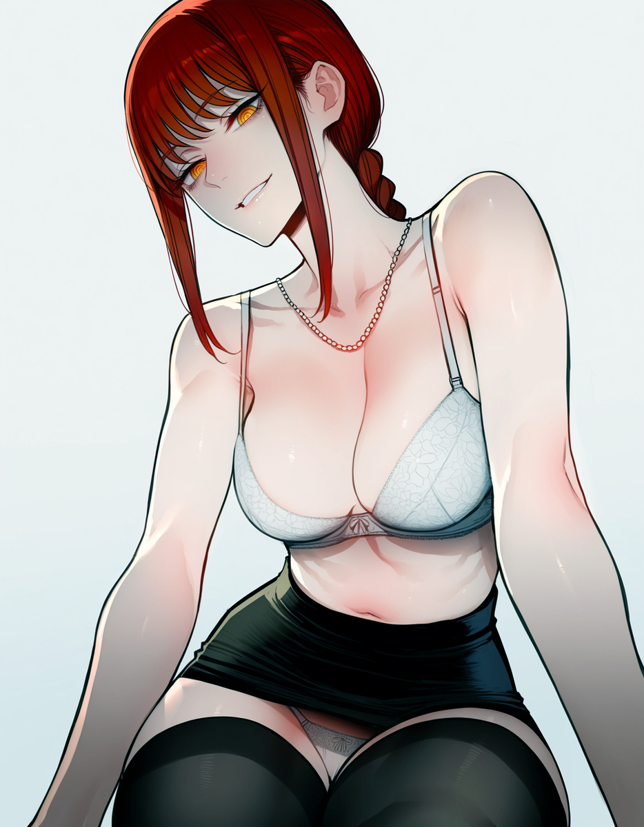 1girls, ai generated, black skirt, black thighhighs, bra, chainsaw man, female, female only, makima (chainsaw man), panties, panty peek, pantyshot, red hair, skirt, solo, thighhighs, white bra, white panties, zloimakak