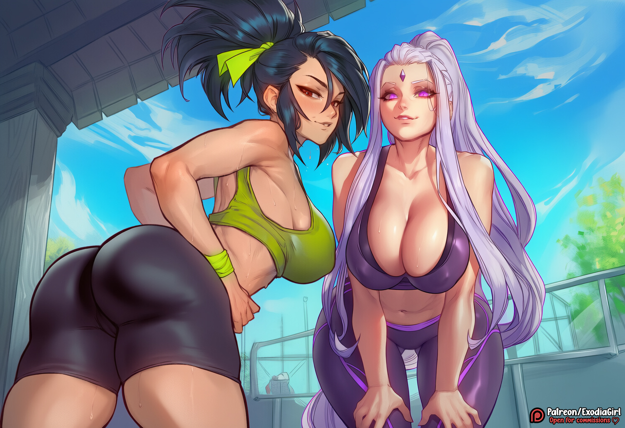 2025, 2girls, abs, ai assisted, ai generated, akali, ass, athletic, athletic female, big ass, big breasts, big butt, big chest, breasts, busty, curvaceous, curvaceous ass, curvaceous body, curvaceous female, curvaceous figure, curvaceous hips, curvaceous thighs, curvy, curvy body, curvy female, curvy figure, curvy hips, curvy thighs, exodia girl, female, femdom, fit, fit female, giant breasts, girly, gym, gym uniform, high quality, large ass, large breasts, large butt, league of legends, league of legends: wild rift, leaning forward, long hair, looking at viewer, looking back, massive ass, massive boobs, massive breasts, nipple bulge, nipples, nipples visible through clothing, riot games, smile, smirk, syndra, teasing, thick, thick hips, thick legs, tight clothing, voluptuous, voluptuous female, waifu