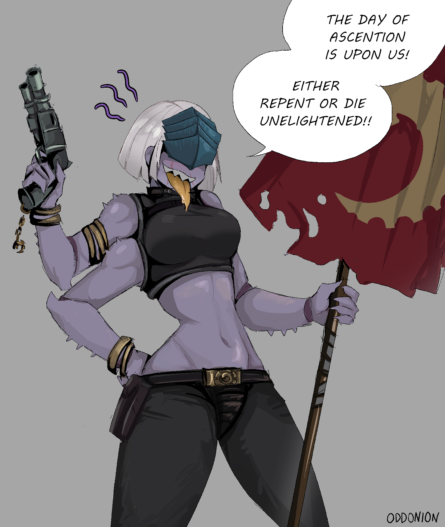 3 arms, belt, big breasts, bracelet, bracelets, breasts, carapace, cultist, english, english text, fangs, female, firearm, flag, genestealer, gun, hand on hip, hands on hips, holster, jewelry, lithe, multi arm, multi limb, odd onion, orange tongue, pistol, scar, scar on face, scar on lip, scar on mouth, scars on face, scars on mouth, sharp teeth, short hair, solo, solo female, solo focus, text, thick thighs, thin, thin body, thin waist, tongue out, warhammer (franchise), warhammer 40k, weapon, white hair, wide hips, yellow tongue