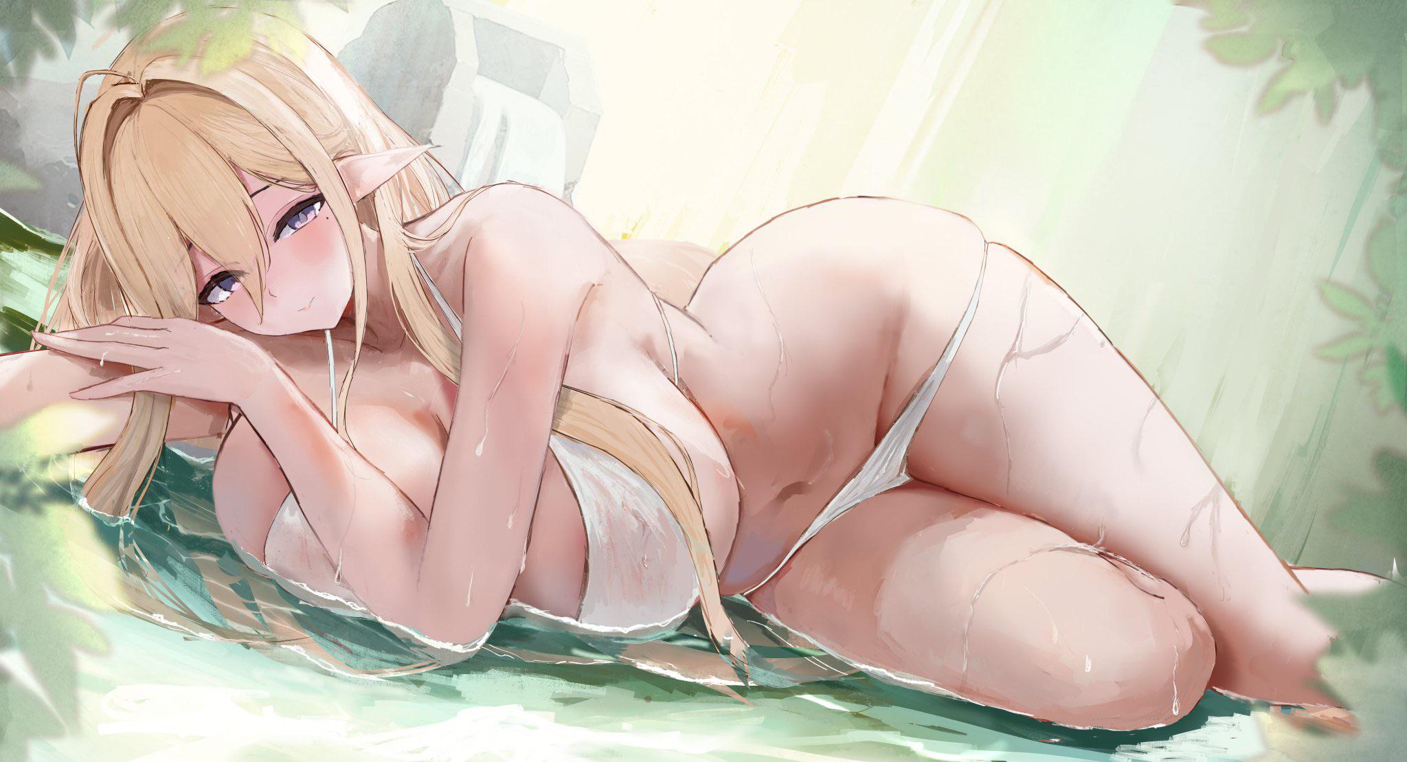 artist request, azur lane, bare shoulders, bikini, blonde hair, blush, breasts, cg, cleavage, closed mouth, elf, female, gouden leeuw (azur lane), hair between eyes, hair intakes, huge breasts, long hair, looking at viewer, lying, navel, on side, outdoors, own hands together, partially submerged, pointy ears, purple eyes, sidelocks, smile, solo, stomach, swimsuit, thighs, water, wet, white bikini