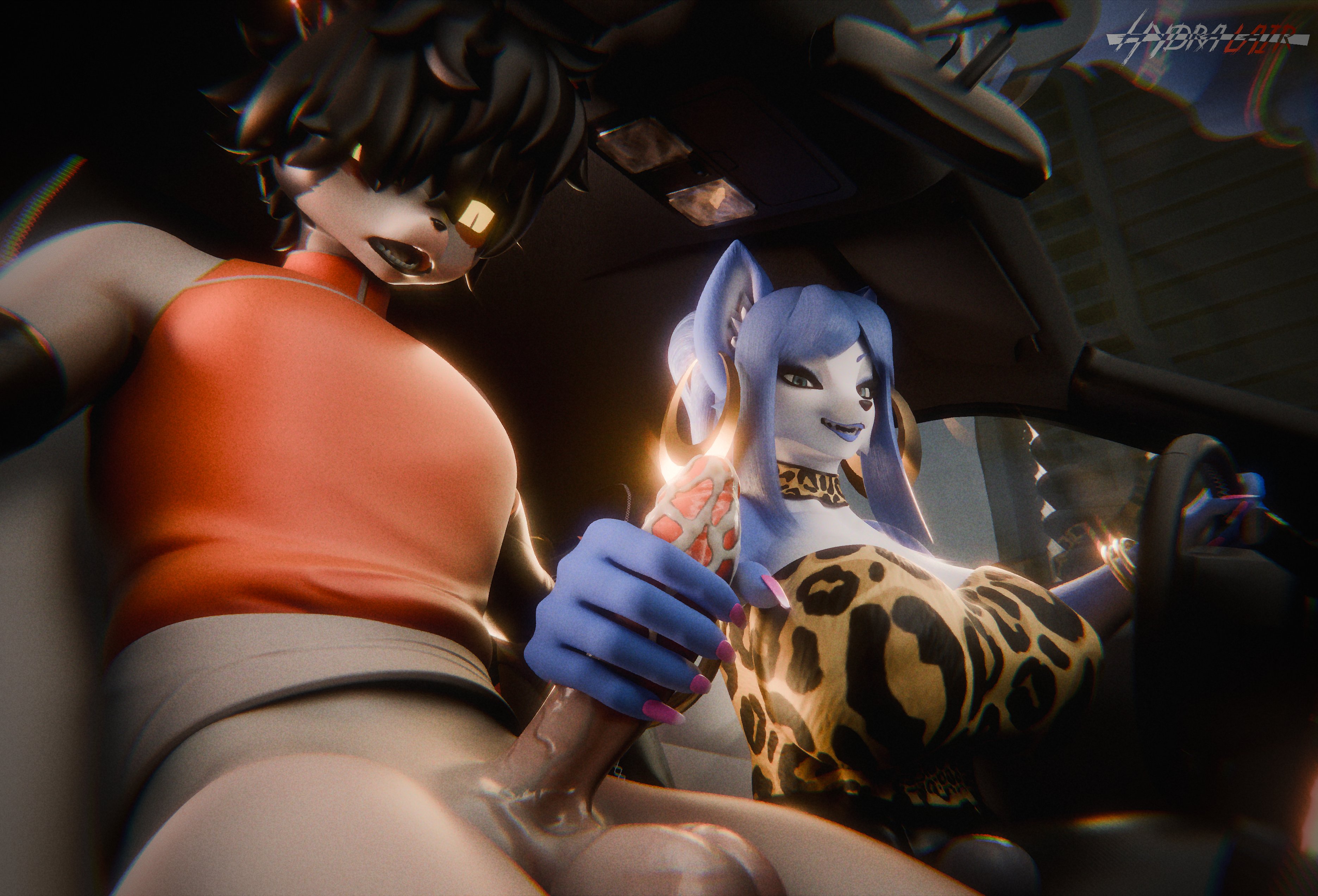 3d, aak (arknights), arknights, big breasts, breasts, car, clothed, clothing, cum, day, driver, ejaculation, female, female/male, holding penis, krystal, krystal (dogzeela), krystal (star fox), male, morning, partially clothed, penis, sex in car, star fox, sunlight