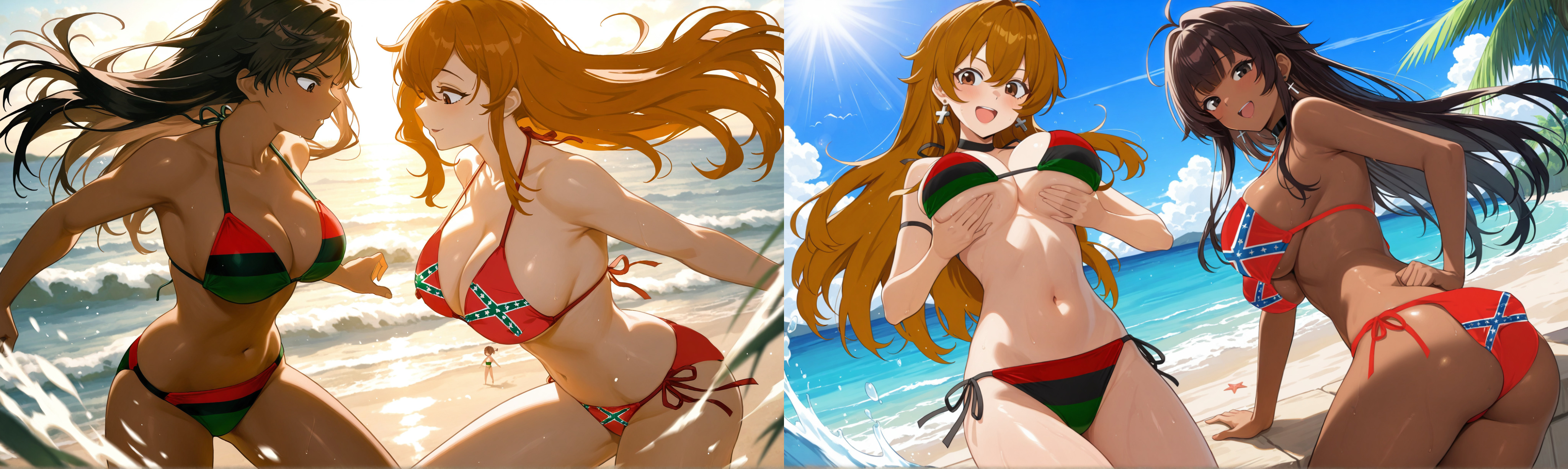 2020s, 2025, 2d, 2girls, ai generated, beach, big ass, big breasts, black choker, brown eyes, brown hair, confederate flag, confederate flag bikini, confederate-chan, cross earrings, dark skin, dark-skinned female, female, female only, hands on own breasts, jealous, jealous female, jealous look, jealousy, light skin, light-skinned female, long hair, looking at viewer, looking down, open mouth, original, original character, original characters, outdoors, pan-african flag, pan-african flag bikini, raceplay, racist, racist woman, raised eyebrows, smile, soldatnr444, standing, sunshine, swapped clothes, switching clothes, thick thighs