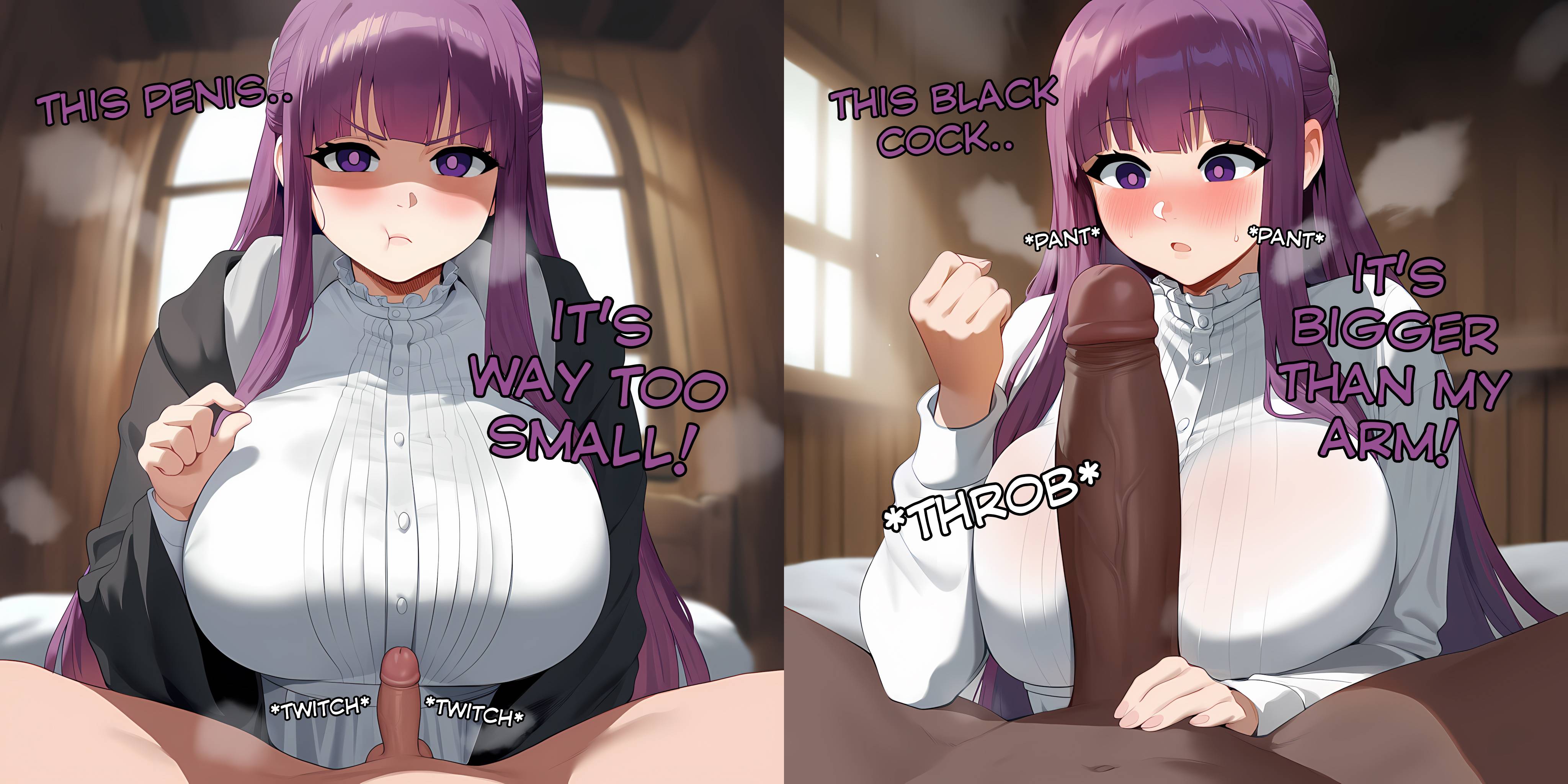 1girls, 2boys, 2koma, ai generated, angry, angry face, blush, blushing, breathing heavily, bull pov, cheating, cock shock, cuckold, cuckold pov, dark skin, dark-skinned male, english text, fern (sousou no frieren), frieren beyond journey's end, himeno, huge cock, imminent sex, interracial, light-skinned female, looking pleasured, netorare, ntr, penis comparison, penis size difference, pinching gesture, purple hair, size comparison, small penis, small penis gesture, small penis humiliation, stark (sousou no frieren)