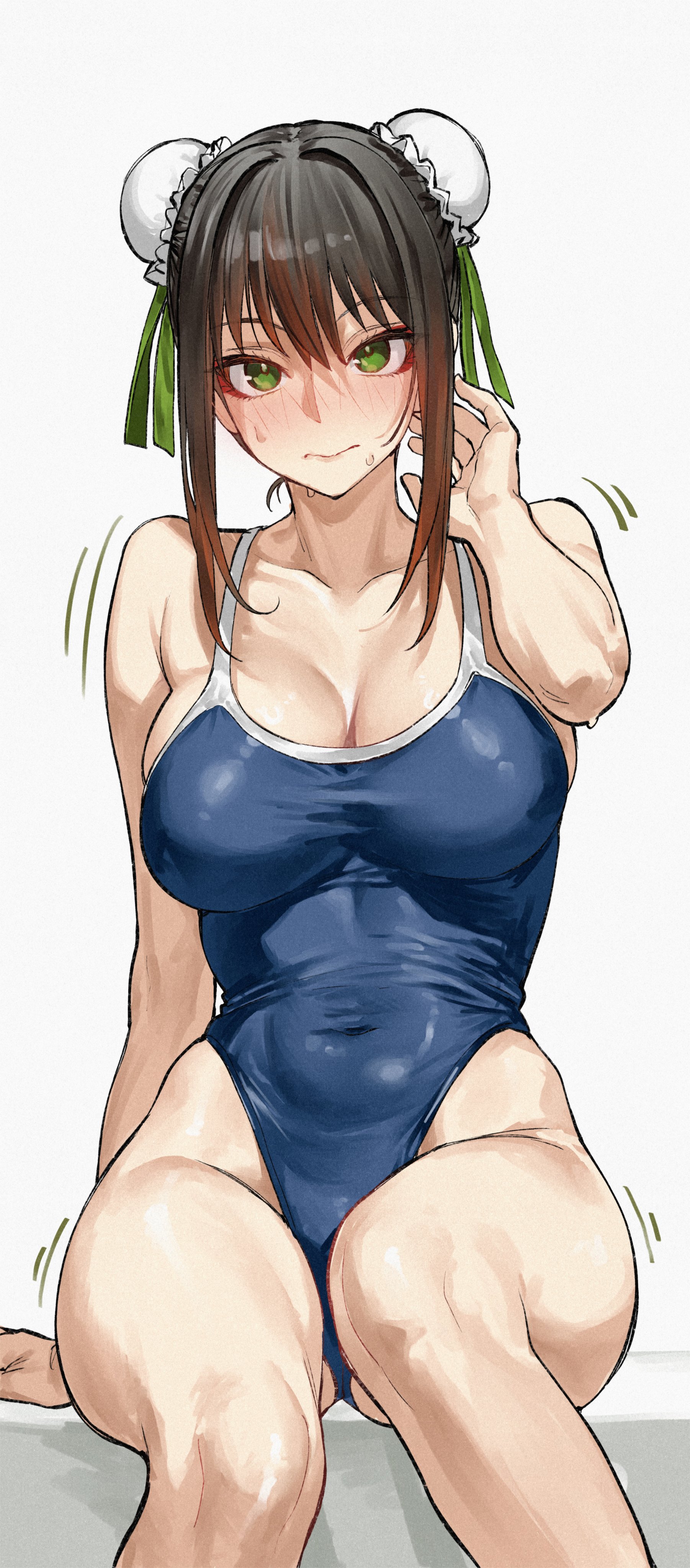 absurdres, bare shoulders, black hair, blue one-piece swimsuit, blush, breasts, brown hair, bun cover, cleavage, collarbone, covered navel, double bun, fate (series), fate/grand order, female, gradient hair, green eyes, green ribbons, hair bun, highres, kamisato sora, large breasts, looking at viewer, medium hair, multicolored hair, one-piece swimsuit, qin liangyu (fate), ribbon, sidelocks, sitting, solo, swimsuit, thighs