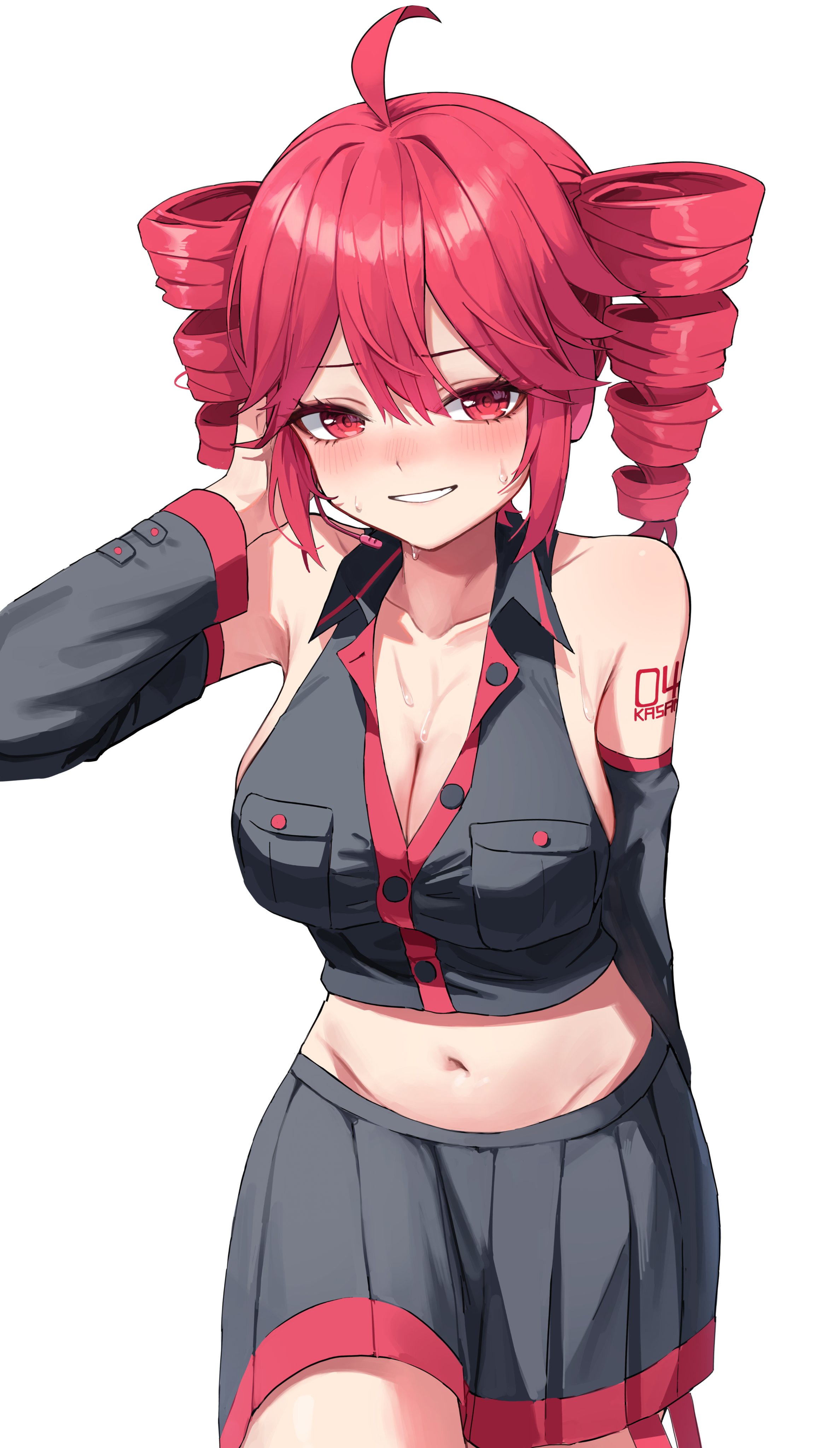 1girls, 2d, 2d (artwork), ahoge, arm tattoo, arm up, armpits, belly, big breasts, big thighs, blush, breasts, cleavage, curvaceous, curvy, curvy female, curvy figure, detached sleeves, embarrassed, embarrassed female, exposed belly, exposed midriff, fat breasts, female, female only, hand on head, hu2924, huge breasts, kasane teto, large breasts, large thighs, looking at viewer, navel, no bra, no panties, open shirt, overflowing breasts, plump, plump breasts, raised arm, red eyes, red hair, shirt, sideboob, simple background, skindentation, skirt, slim waist, smile, solo, solo female, sweat, sweating, tattoo, thick thighs, thighs, twin drills, unbuttoned, unbuttoned shirt, utau, voluptuous, voluptuous female, white background, wide hips