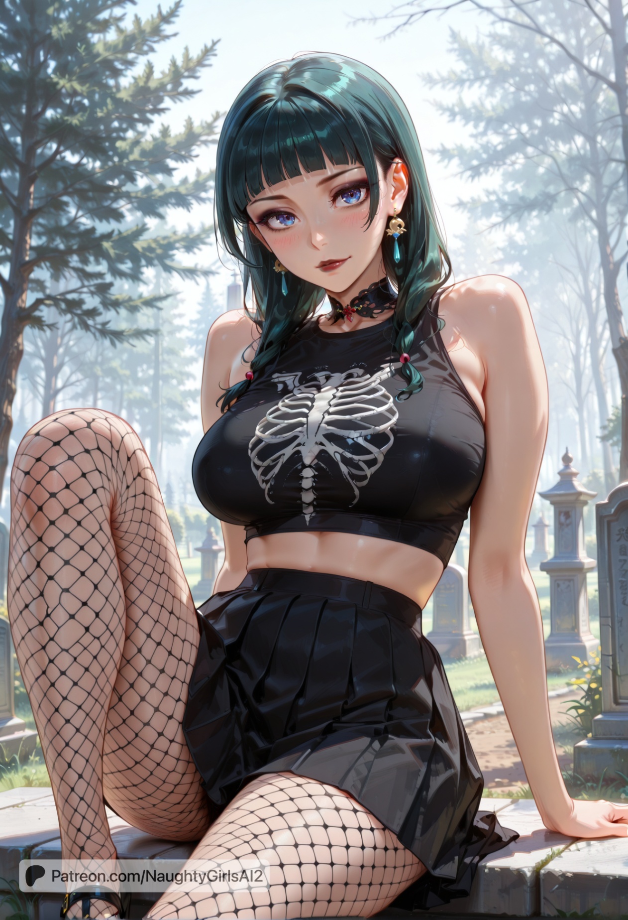 ai generated, big breasts, black lips, black lipstick, blue eyes, blunt bangs, breasts, female, female only, fishnets, goth girl, green hair, kusuriya no hitorigoto, long hair, maomao (kusuriya no hitorigoto), mature female, naughtygirlsai, sidelocks