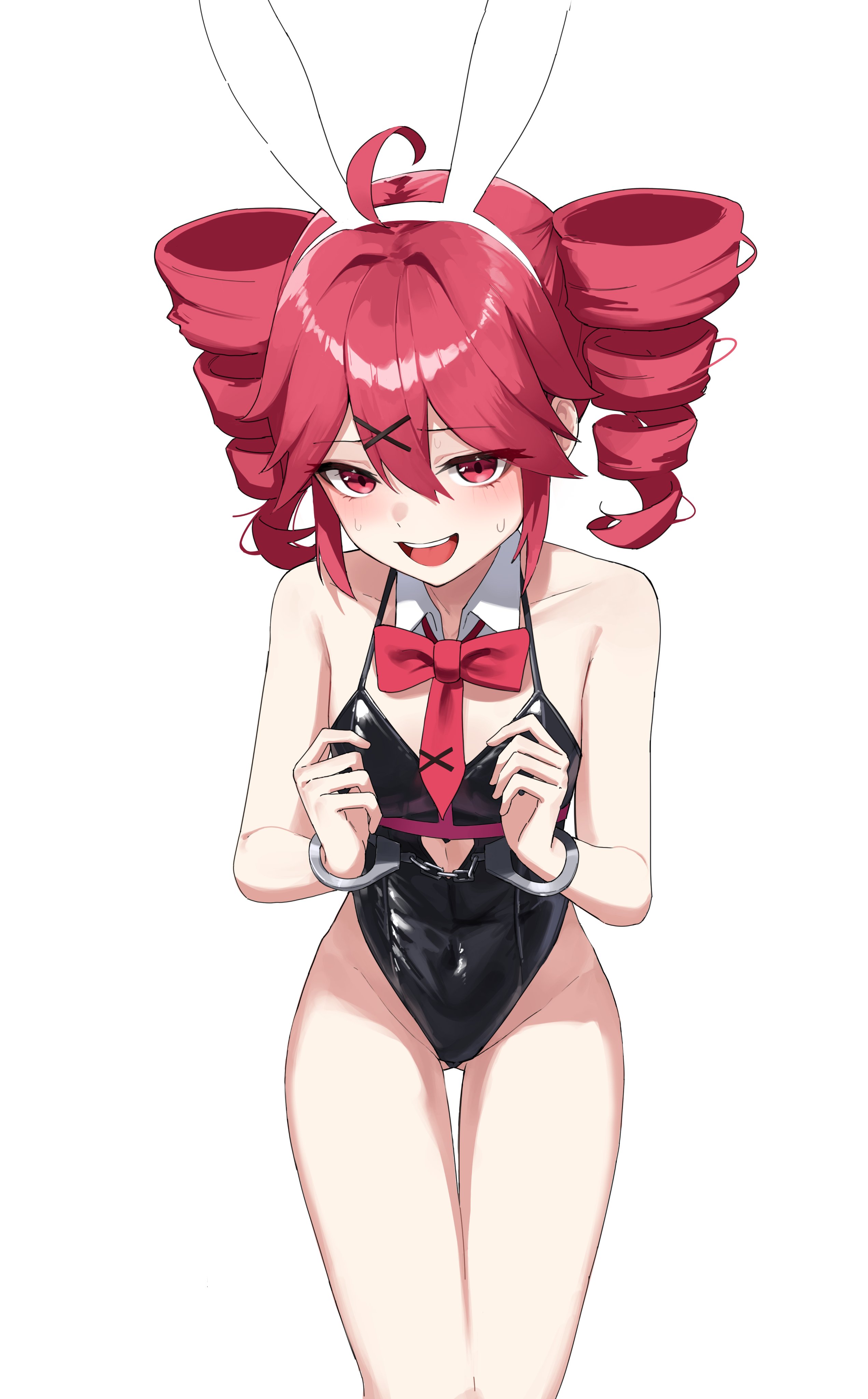 1girls, 2d, 2d (artwork), ahoge, ass visible through thighs, bow, bowtie, breasts, bunny ears, bunny girl, bunnysuit, cuffs, curvy, curvy female, detached collar, embarrassed, embarrassed female, female, female only, hair ornament, hu2924, kasane teto, latex, latex clothing, looking at viewer, navel, navel visible through clothes, nervous, nervous smile, open mouth, petite, petite body, petite female, playboy bunny, red eyes, red hair, simple background, skinny, skinny female, slim waist, small breasts, solo, solo female, sweat, sweating, thighs, twin drills, utau, white background