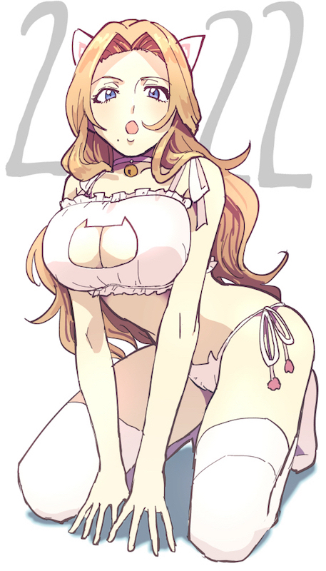animal ears, bell, big breasts, bleach, blue eyes, bra, breasts, cat cutout, cat ear panties, cat ears, cat lingerie, choker, cleavage cutout, clothing cutout, commentary request, fake animal ears, female, frilled bra, frills, full body, jingle bell, kneeling, large breasts, long hair, matsumoto rangiku, mole, mole under mouth, nanao itsuki, neck bell, orange hair, panties, side-tie panties, solo, thighhighs, thin waist, underwear, white choker, white thighhighs, wide hips
