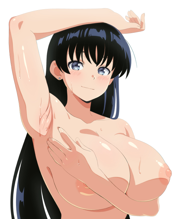 arato nagi, armpits, black hair, blush, breasts, earrings, female, jewelry, large breasts, long hair, nipples, nude, ruri no houseki, solo, sweat, zorzero