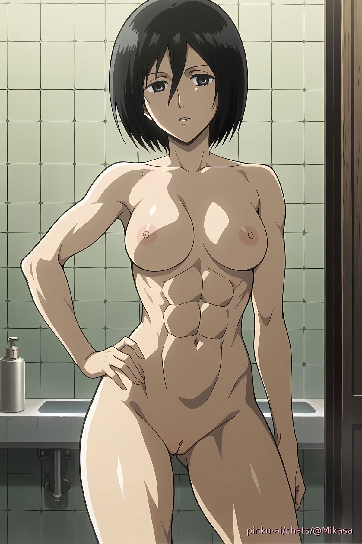 1girls, abs, ai generated, ass visible through thighs, athletic female, attack on titan, bathroom, black hair, breasts, erect nipples, grey eyes, hand on hip, mikasa ackerman, muscular female, muscular thighs, nipples, nude, pinku, pinku.ai, pinkuai, pussy, sink, tile wall