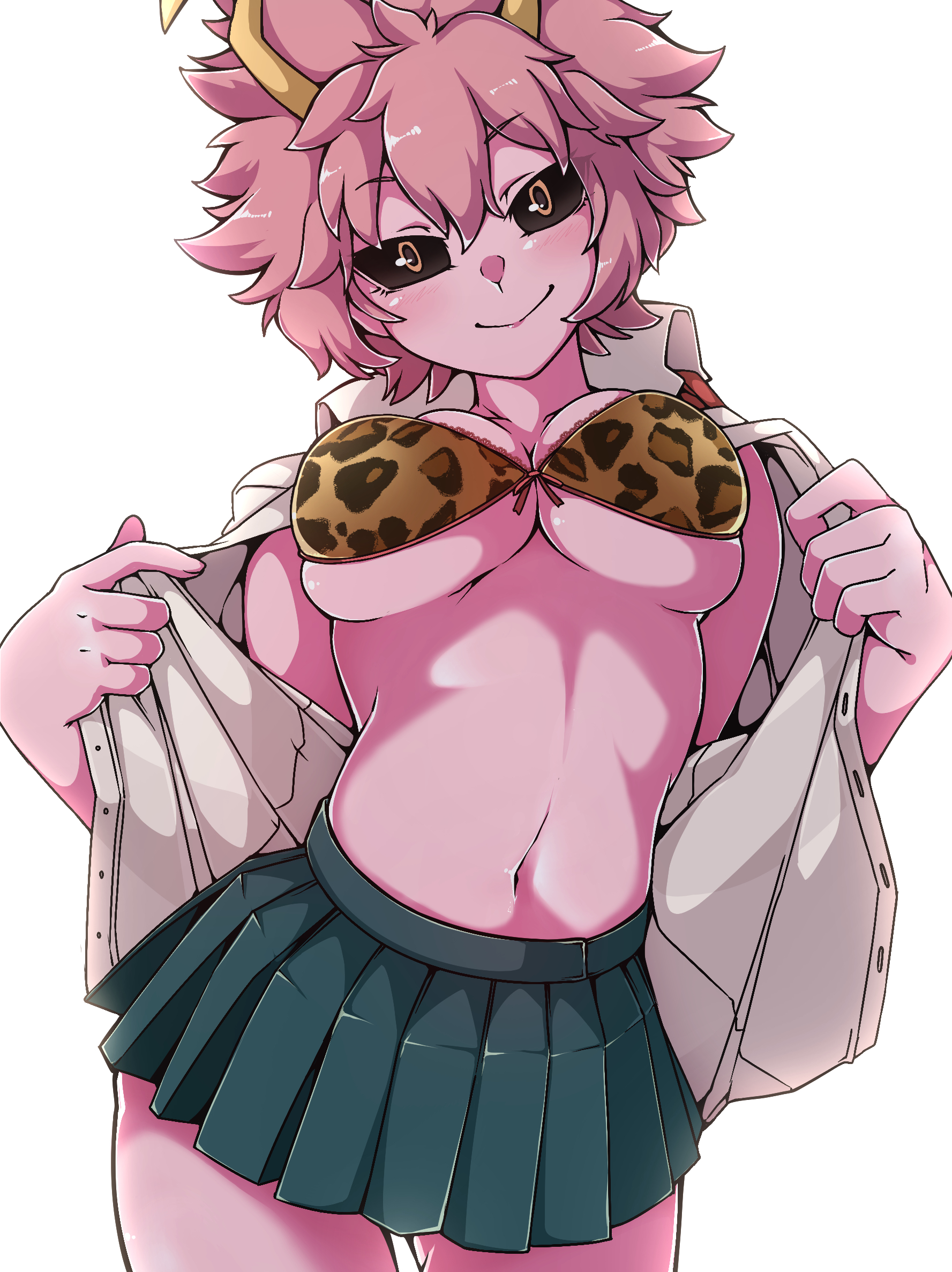 1girls, boku no hero academia, breasts, female, gokuu (acoloredpencil), leopard print, mina ashido, my hero academia, pink hair, pink skin, pink-haired female, school uniform, short hair, teenager