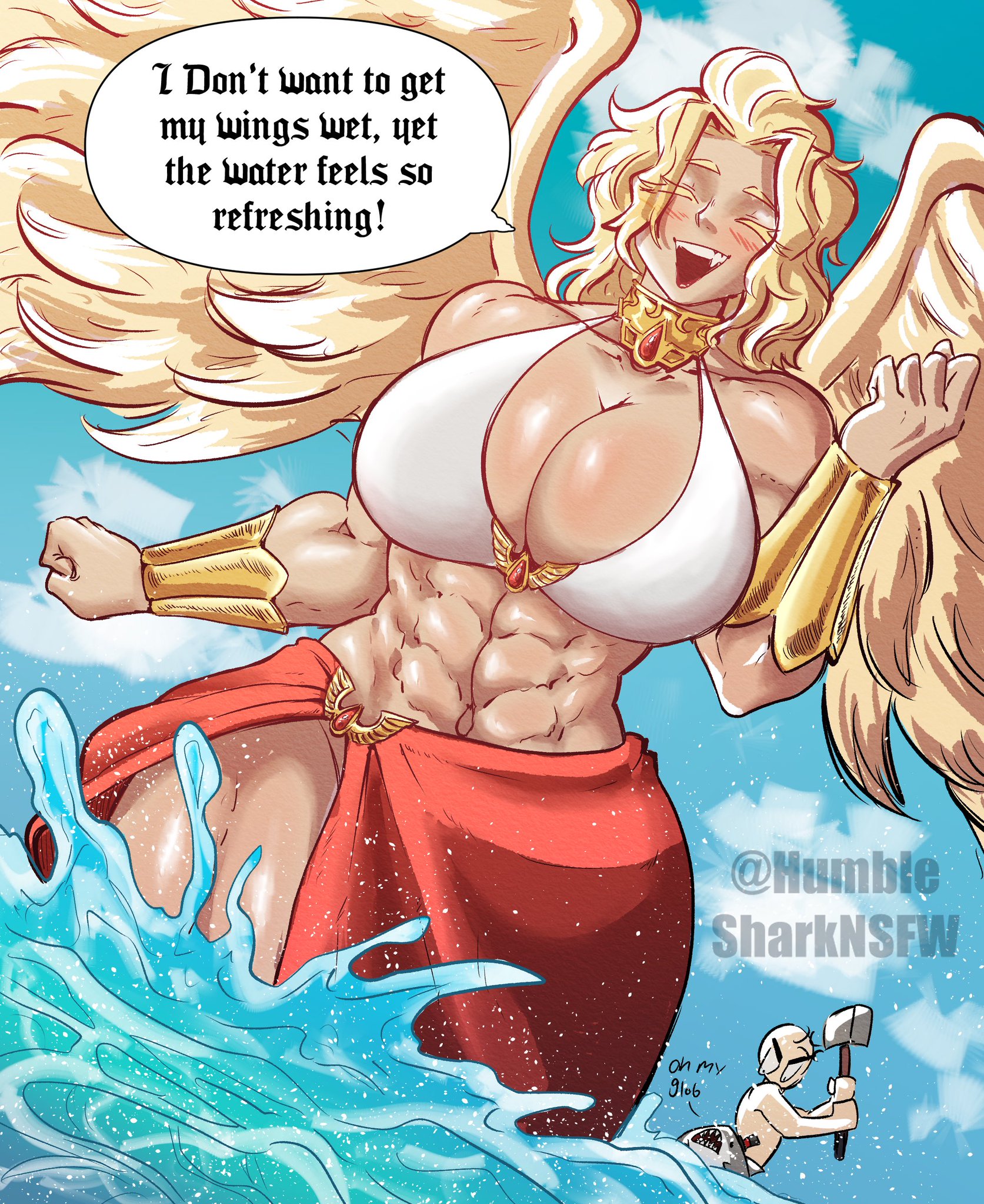 1boy, 1girls, beach, blonde hair, clothing, female, female focus, humble shark, imperium of man, male, primarch, rule 63, sanguinius, warhammer (franchise), warhammer 40k, water, wings