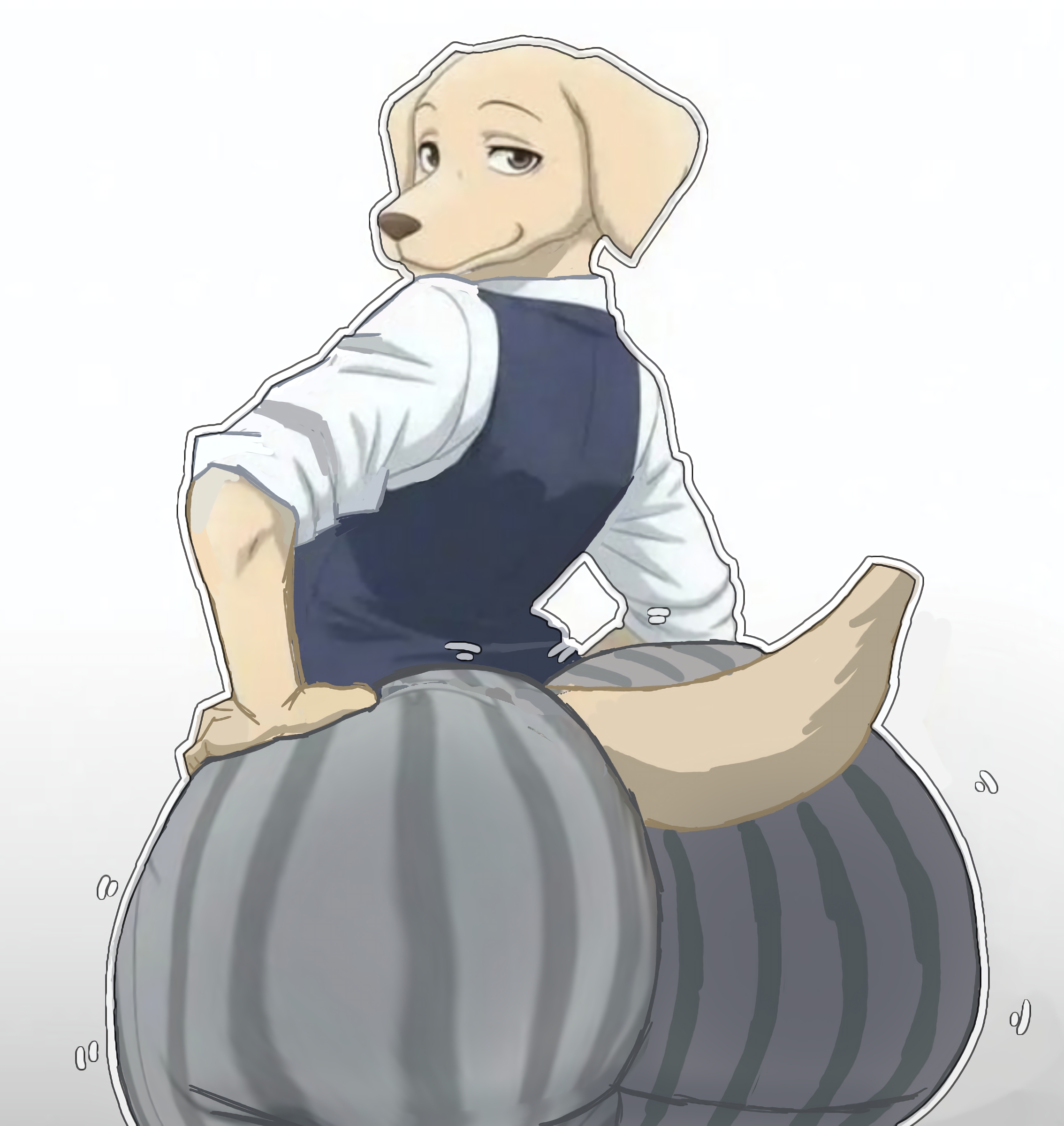 2020s, 2025, anime, anthro, ass bigger than head, ass focus, background, beastars, big ass, big butt, boy, bubble ass, bubble ass (male), bubble butt, canine, clothes, dog ears, edited, edited art, fat ass, fat butt, feline humanoid, femboy only, furry, humanoid, jack (beastars), lolbear 9, looking at viewer, male only, meme, simple background, smiling at viewer, tail, thicc, thick ass, thick legs, thick legs (male), uniform, white background