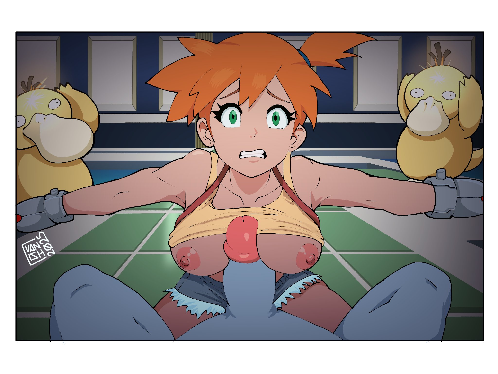 big ass, big butt, big nipples, big titties, breasts, clothing, curvy, curvy figure, curvy hips, dubious consent, female, female focus, kasumi (pokemon), male, nipples, orange hair, paizuri, penis, pokemon, psyduck, questionable consent, rape, short hair, titjob, up shirt, vanish (artist)