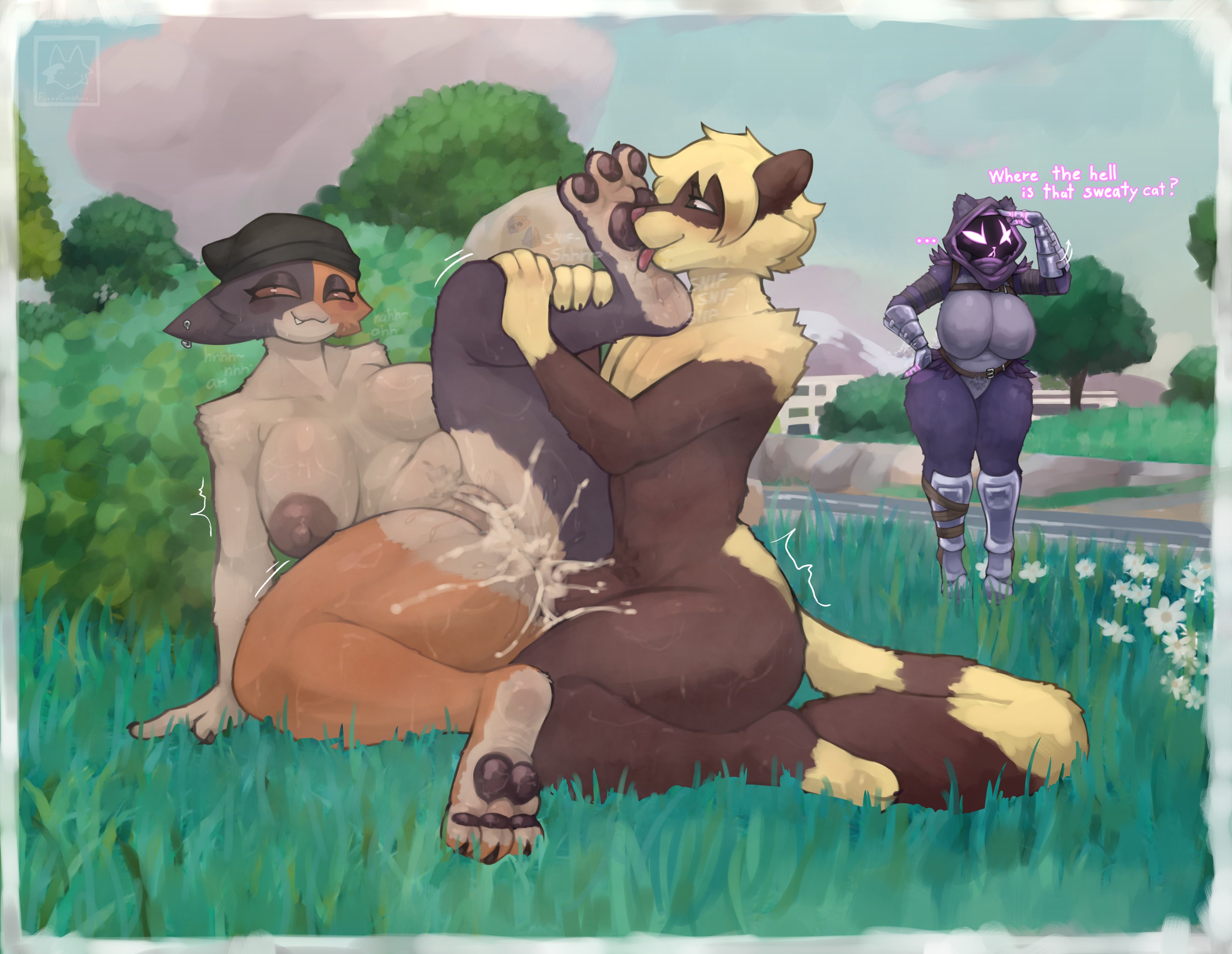 :3, 3 toes, absurd res, anal, anal sex, anthro, areola, armor, ass, beanie, beanie only, bear, big breasts, big butt, blush, bodily fluids, boots, breasts, brown areola, calico cat, clothing, cum, cum in ass, cum inside, digital drawing (artwork), digital media (artwork), digital painting (artwork), domestic cat, duo, duo focus, ear piercing, ejaculation, epic games, eye scar, facial scar, feet, felid, feline, felis, female, female penetrated, foot fetish, foot lick, foot play, footwear, fortnite, fur, fuzzycreature, gauntlets, genital fluids, genitals, gloves, grass, grass field, group, handwear, hat, hat only, headgear, headgear only, headwear, headwear only, hi res, hood, licking, lying, lying on ground, male, male penetrating, male penetrating female, male/female, mammal, markings, meow skulls, meow skulls (fortnite), mostly nude, multicolored body, multicolored fur, on back, on ground, painting (artwork), penetration, penile, penile penetration, penis, penis in ass, piercing, plant, purple body, purple fur, raised leg, raven team leader, scar, sex, shaking, shoes, spread legs, spread toes, spreading, stealth sex, striped markings, striped tail, stripes, sweat, tail, tail markings, thick thighs, toes, tongue, unknown species
