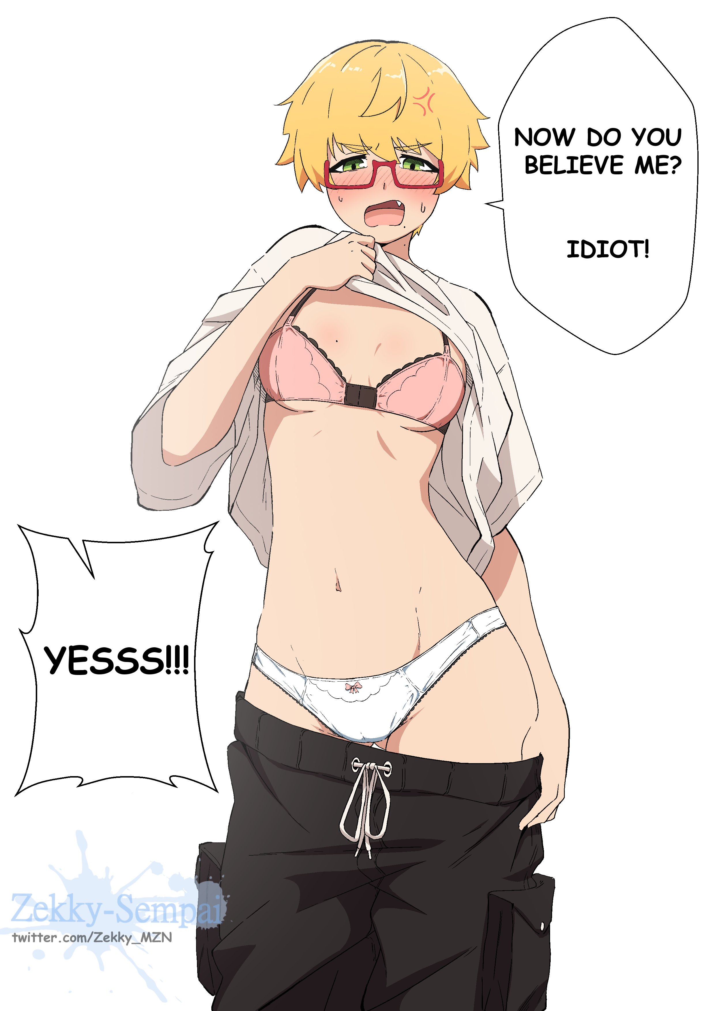 1girls, androgynous, bra, female, kobei (zekky-sempai), panties, shirt lift, tomboy, undressing, watermark, zekky-sempai