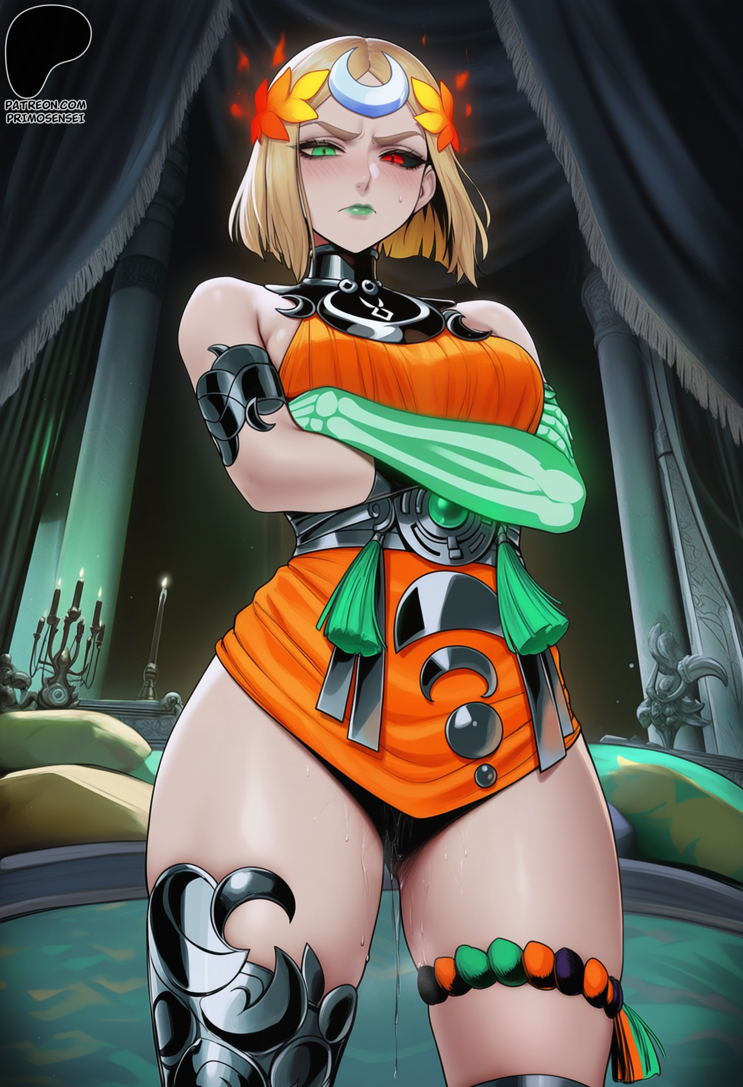 1girls, ai generated, angry, angry expression, annoyed, arms crossed, bare shoulders, black sclera, blonde female, blonde hair, blush, bones, crossed arms, different eye color, eyeliner, female, fully clothed, goddess, green eyes, green lips, hades (game), hades 2, highres, hourglass figure, indoors, laurel crown, legs, legs apart, looking at viewer, looking down, melinoe (hades), moon hair ornament, pale skin, pale-skinned female, posing, primosensei, pussy, pussy juice, pussy juice drip, red eye, short dress, shoulder length hair, skeleton hand, sole female, solo, solo female, spectral hand, standing, straight hair, thick thighs, thigh squish, thigh strap, thighs