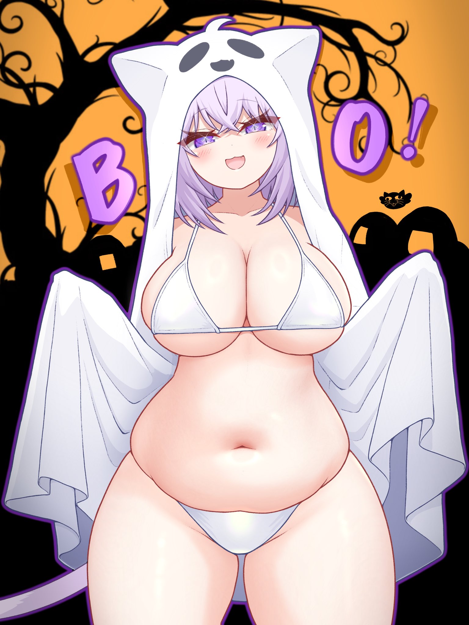 :d, ahoge, animal ears, bikini, blush, breasts, cat tail, cowboy shot, female, ghost costume, hair between eyes, halloween costume, highres, hololive, hololive gamers, hololive japan, large breasts, looking at viewer, mochigome (mochigomemcmc), nekomata okayu, open mouth, plump, purple eyes, purple hair, ring light reflection, sheet ghost, short hair, smile, solo, swimsuit, tail, virtual youtuber, white bikini