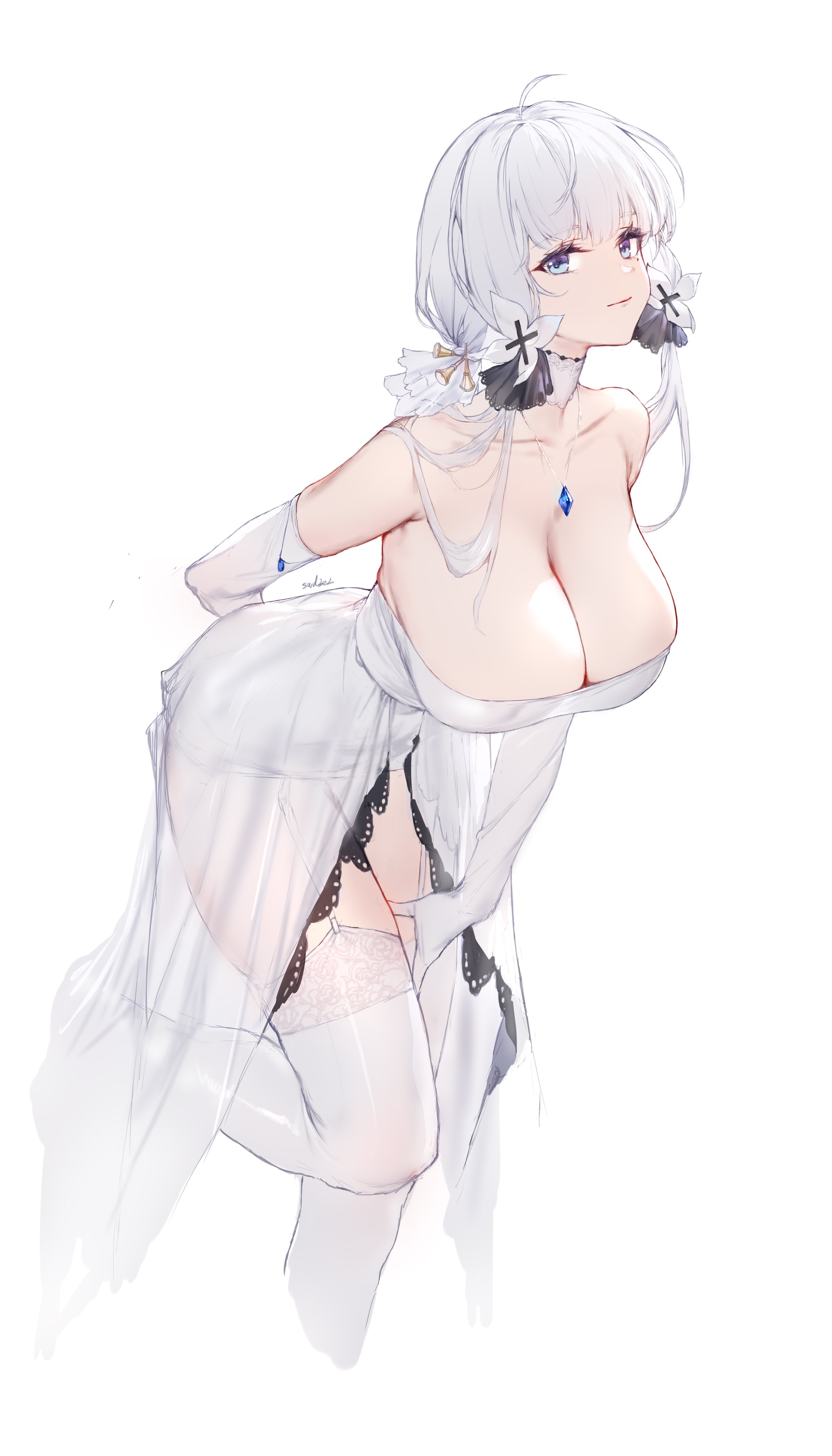 absurdres, ahoge, arm behind back, azur lane, bare shoulders, between legs, blue eyes, breasts, choker, cleavage, closed mouth, commentary request, dress, elbow gloves, female, garter straps, gloves, hair ribbon, hand between legs, highres, huge breasts, illustrious (azur lane), jewelry, leaning forward, long hair, mole, mole under eye, necklace, ribbon, see-through clothes, see-through dress, simple background, smile, solo, strapless, strapless dress, swd3e2, thighhighs, tress ribbon, tri tails, white background, white choker, white dress, white garter straps, white gloves, white hair, white thighhighs