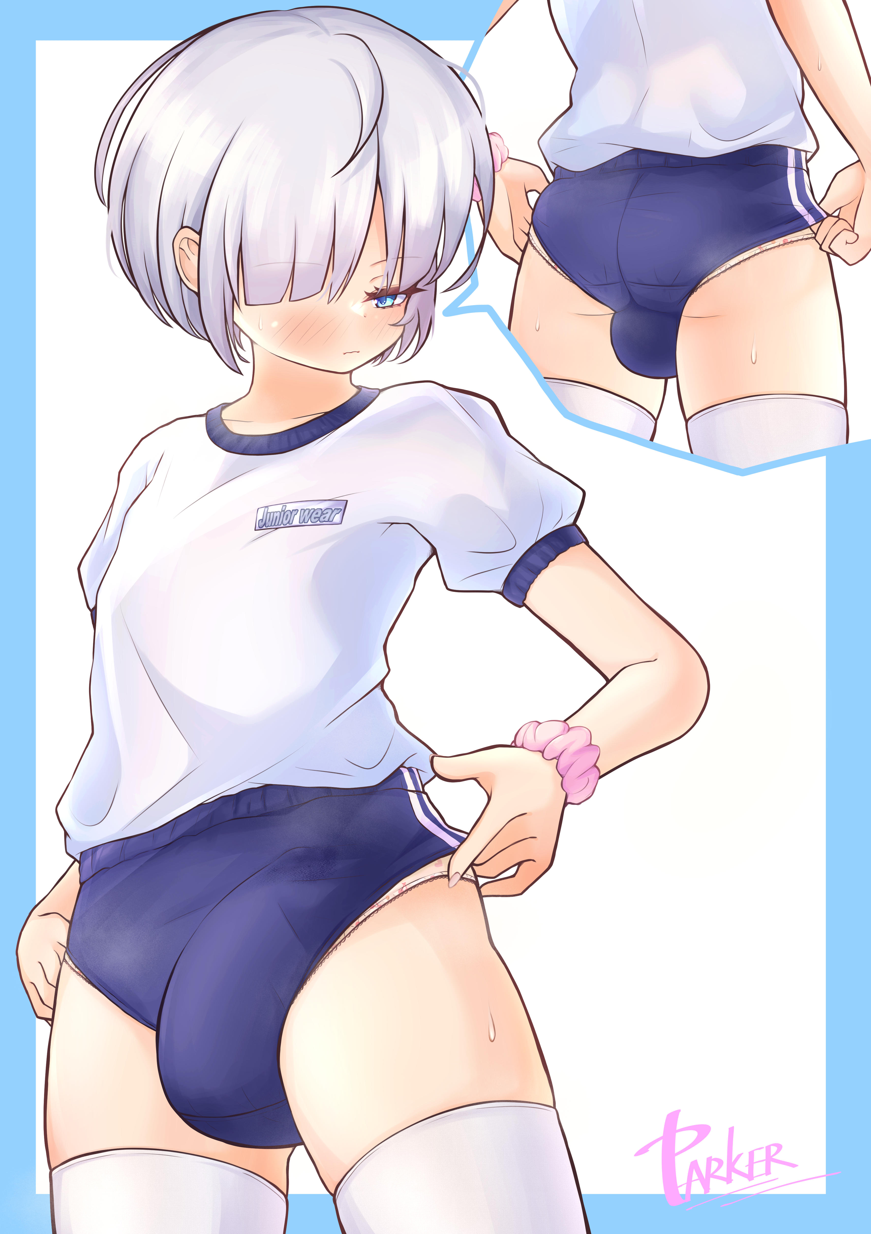 1boy, ass, balls, big balls, big bulge, big penis, bulge, buruma, contempt, crossdressing, femboy, gym uniform, hair covering eye, hung femboy, hung trap, male, otoko no ko, panties, panties peek, parker (noparking2310), penis, precum through clothing, school uniform, sweaty thighs, thighhighs, tight clothing, trap, underwear, underwear peek