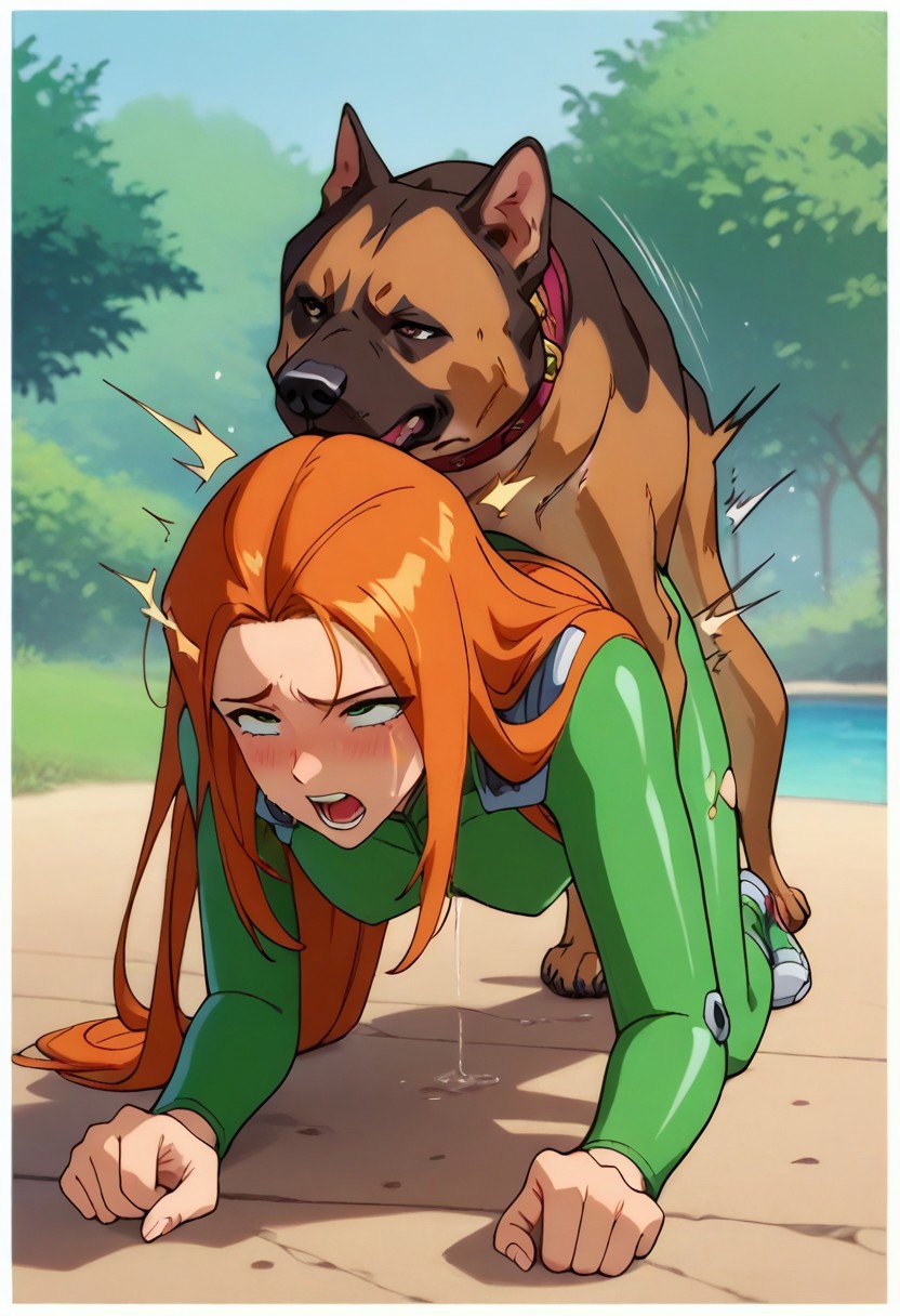 1boy, 1girls, ai generated, all fours, artist request, ass, bodysuit, canine, canine on human, clothed sex, cum, cum in pussy, doggy style, domestic dog, domination, ejaculation, female, female on feral, feral, feral dominating human, feral on female, feral on human, feral penetrating, feral penetrating human, fucked into submission, fucked silly, german shepherd, green bodysuit, green eyes, hair on floor, highres, human female, human on feral, human penetrated, long hair, loose hair, male, orange hair, pale skin, pale-skinned female, pussy, red hair, sam (totally spies), sex, sex from behind, straight hair, straight sex, submissive human, tail, totally spies, white skin, zoophilia