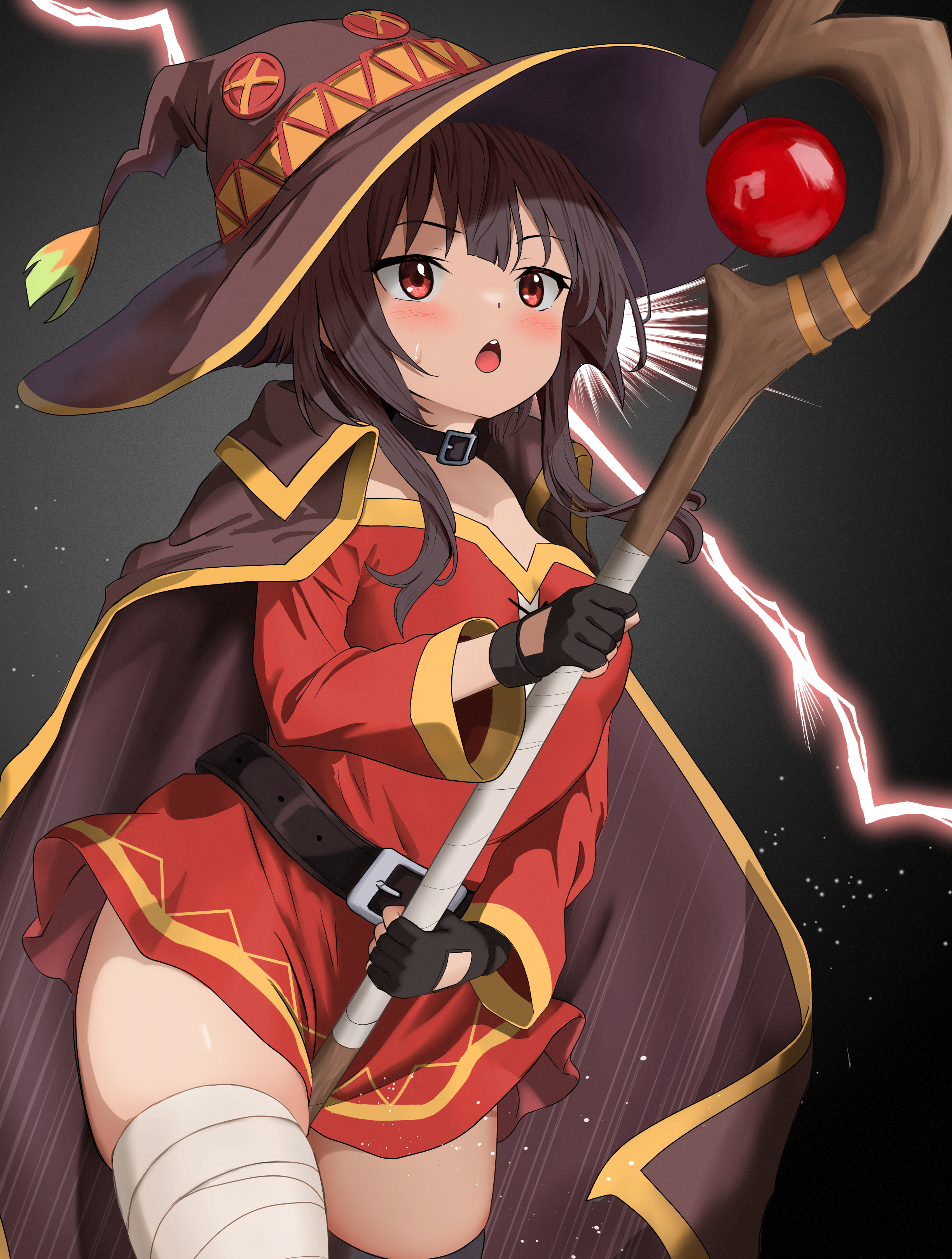 :o, absurdres, bandaged leg, bandages, belt, black belt, black gloves, black thighhighs, blush, brown hair, brown hat, commentary request, crotch rub, dress, female, fingerless gloves, gibun (sozoshu), gloves, hat, highres, holding, holding staff, kono subarashii sekai ni shukufuku wo!, looking at viewer, megumin, object between legs, open mouth, red dress, red eyes, short hair, short hair with long locks, single thighhigh, solo, staff, standing, teeth, thighhighs, thighs, tongue, upper teeth only, witch hat
