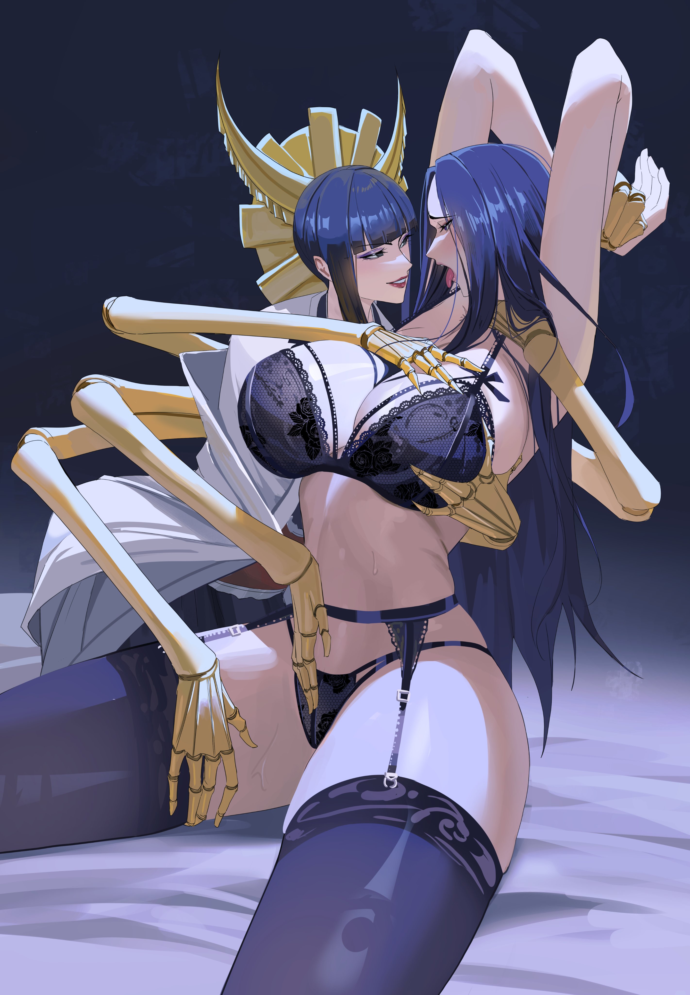 2girls, absurdres, ahe gao, arms behind head, arms up, big breasts, black hair, bleach, bleach: sennen kessen-hen, blue light, bra, breasts, duo, female, female only, garter belt, garter straps, highres, huge breasts, large breasts, light-skinned female, lingerie, long hair, looking at another, mechanical arms, multiple females, multiple girls, panties, rasipan, shutara senjumaru, thighhighs, tongue, tongue out, underwear, unohana retsu, very long hair, yuri