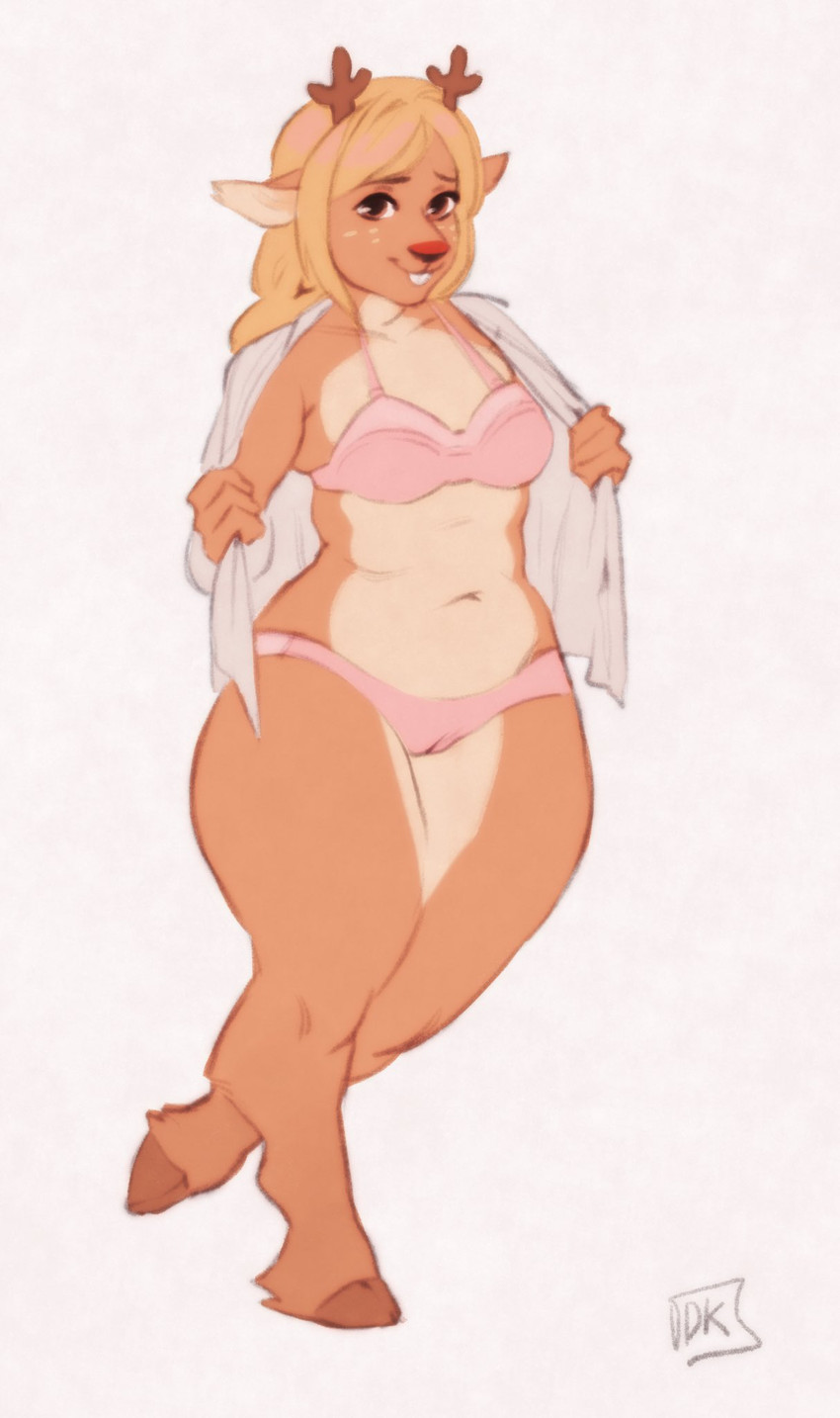 anthro, antlers, background, blonde hair, body, bra, breasts, brown antlers, brown body, brown eyes, brown fur, buckteeth, cameltoe, chubby, clothing, darkriallet, deer, deltarune, eyelashes, female, freckled face, freckles, fur, hair, hips, hooves, horn, kriallet18, looking at viewer, mammal, medium breasts, meta, noelle holiday, nose, panties, pink, red, simple, slighty chubby female, smile, solo, tan, teeth, thick, thighs, undertale (series), underwear, white, wide
