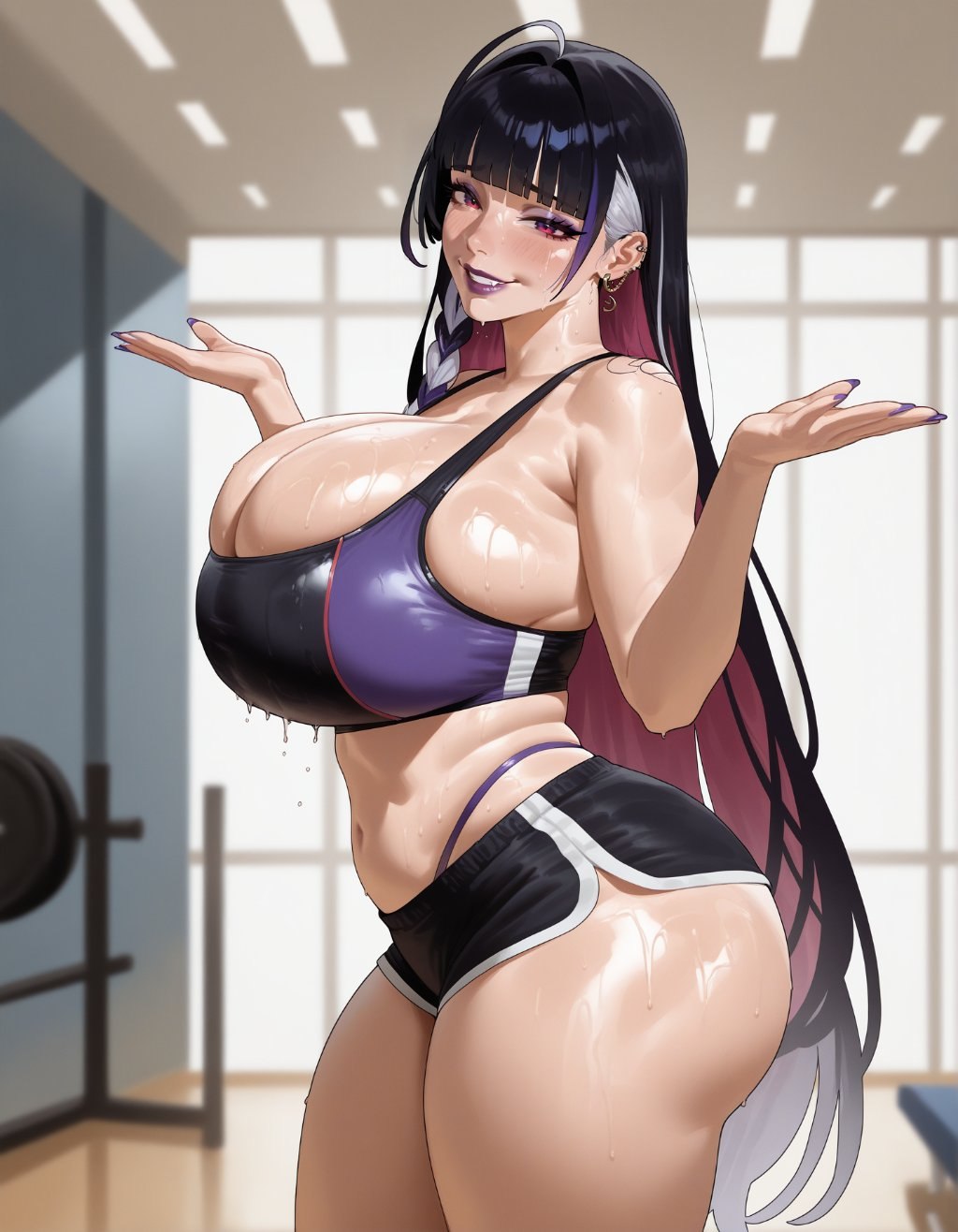 1girls, ai assisted, ai generated, big ass, big breasts, black hair, breasts, female, gym, gym clothes, gym uniform, huge breasts, light-skinned female, looking at viewer, looking pleasured, meloco kyoran, mnemosynekoto, nijisanji, nijisanji en, purple eyes, purple hair, purple lipstick, sexy body, solo, tagme, virtual youtuber, voluptuous