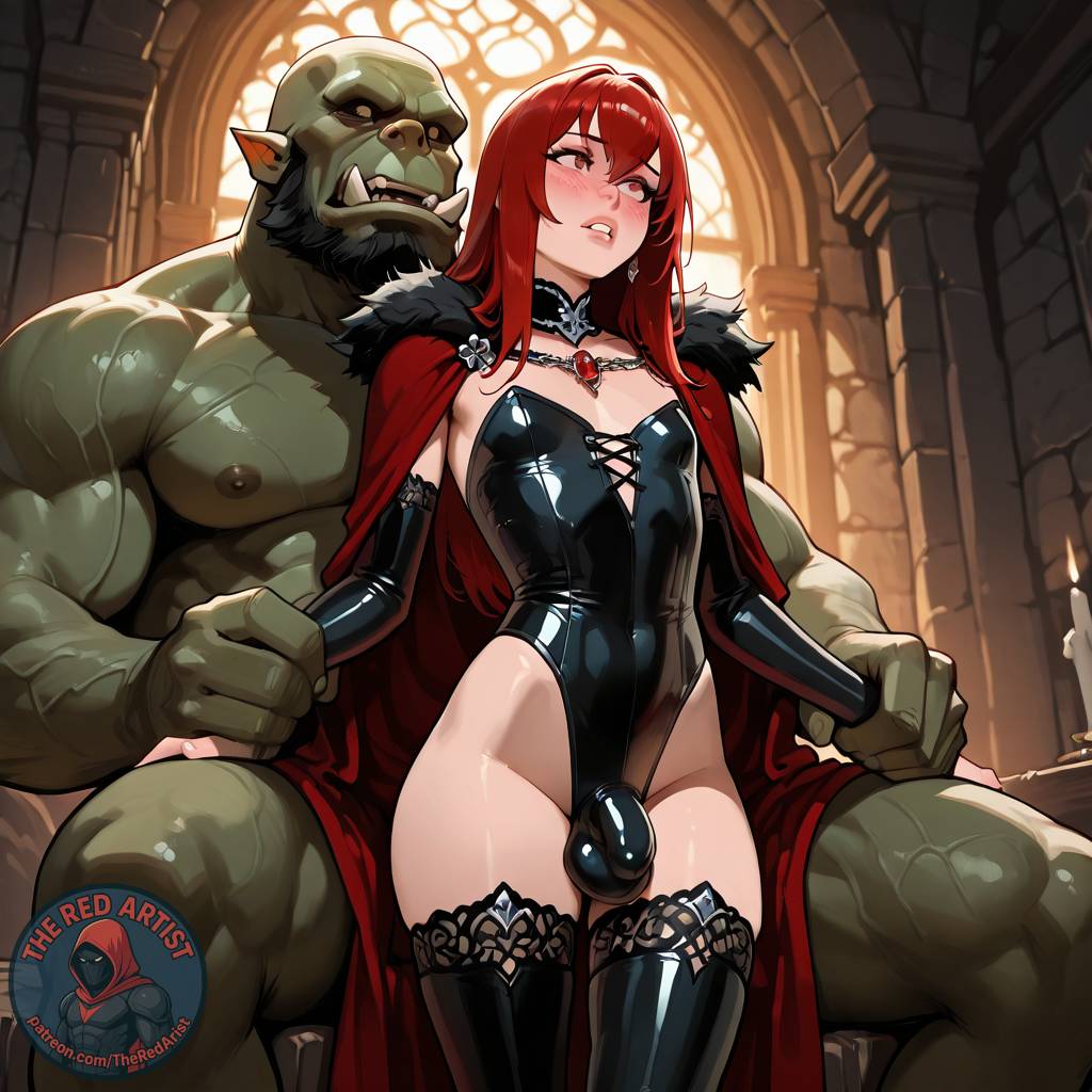ai generated, bulge, clothed, clothed male, clothing, gay, girly, green skin, green-skinned male, human, human male, indoors, interspecies, latex, light skin, light-skinned male, long hair, male, male/male, muscular, muscular male, naked, nude, nude male, orc, orc male, red hair, sissy, the red arist