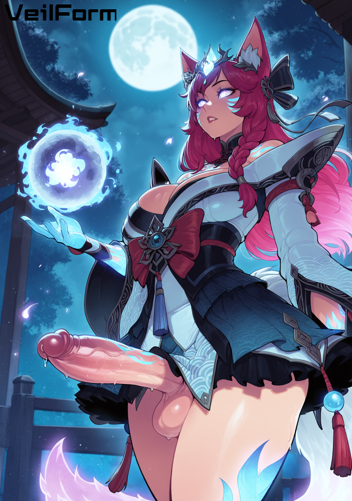 1futa, 1girls, ahri, ahri (league of legends), ai generated, balls, ballsack, big penis, blood moon series, female, futanari, intersex, league of legends, magic, penis, precum, snow moon ahri, standing, vastaya, veilform, veiny penis