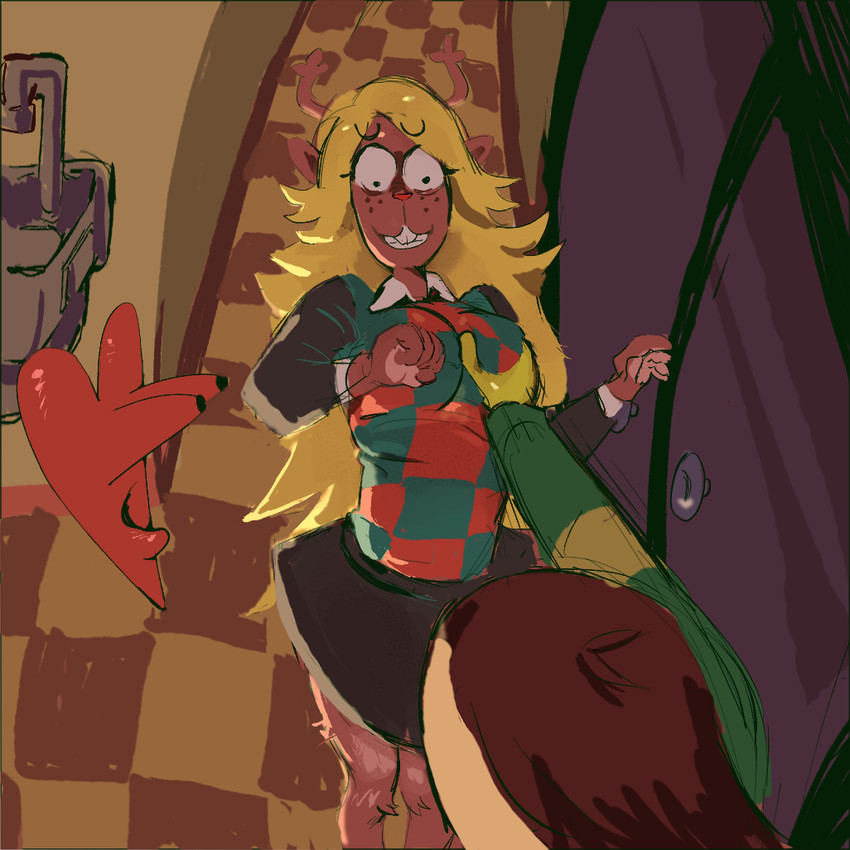 1:1, ambiguous gender, anthro, antlers, black bottomwear, black clothing, black eyes, black skirt, black topwear, blonde hair, bottomwear, breast grab, breasts, brown antlers, brown body, brown fur, buckteeth, clothed, clothing, deltarune, drawfag, duo, eyelashes, female, freckled face, freckles, front view, fur, green clothing, green topwear, green vest, hair, hand on breast, horn, kris (deltarune), long hair, noelle holiday, pattern clothing, pattern topwear, pattern vest, red clothing, red nose, red topwear, red vest, skirt, soul (deltarune), surprised, teeth, thick thighs, topwear, undertale (series), vest, wide eyed, wide hips