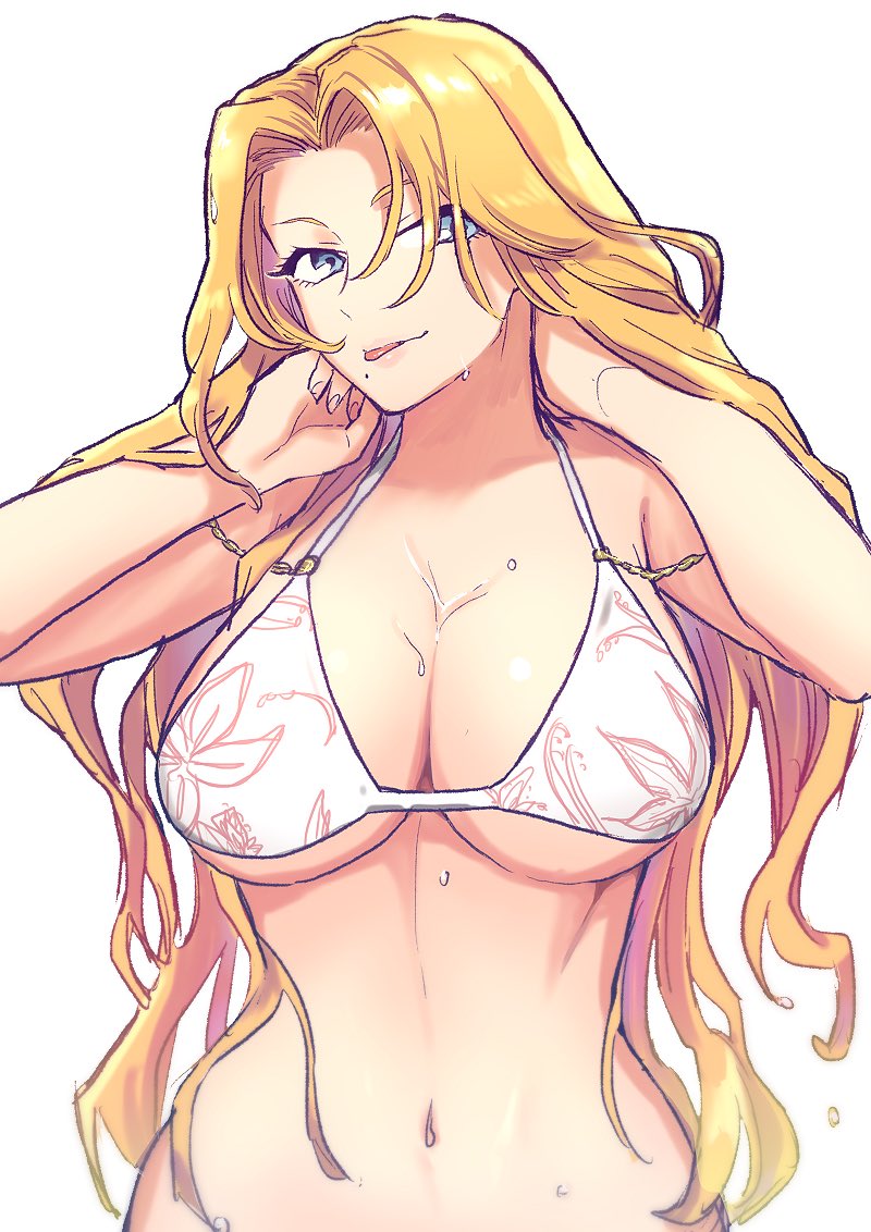 big breasts, bikini, bleach, blue eyes, breasts, commentary request, female, hair over one eye, large breasts, long hair, matsumoto rangiku, mole, mole under mouth, nanao itsuki, navel, orange hair, solo, sweat, swimsuit, thin waist, tongue, tongue out, underboob, upper body, white bikini, wide hips
