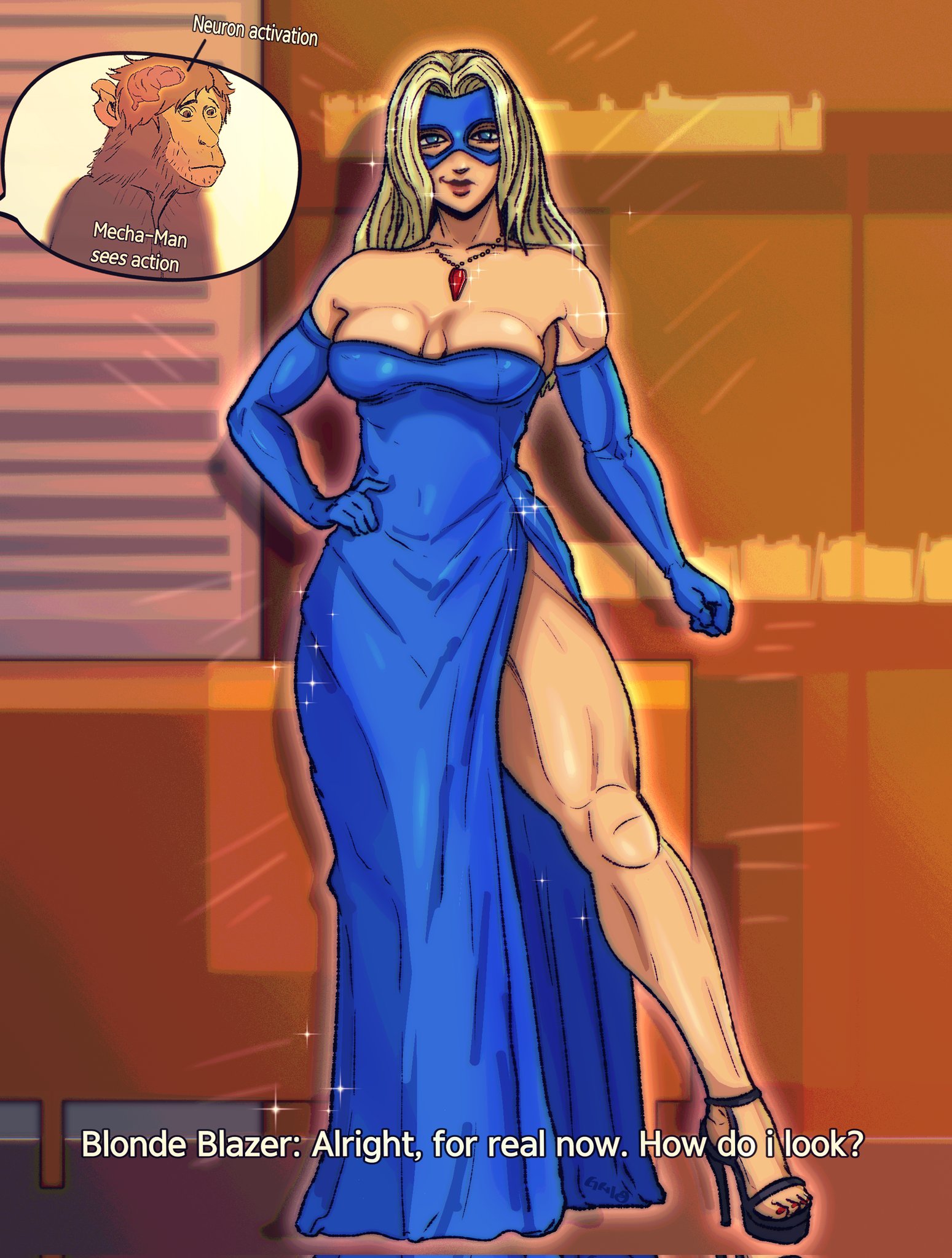 1girls, 2d, bare legs, big breasts, blonde blazer, breasts, busty, clothed, clothed female, color, dispatch (game), dress, female, female focus, female only, full color, gloves, high heels, hourglass figure, long gloves, masked, masked female, meme, monkey, neuron activation (meme), non-nude, open toe heels, open toe shoes, painted toenails, pinup, pinup pose, robert robertson, solidusgrilo, solo, strapless dress, superheroine, tagme, wide hips