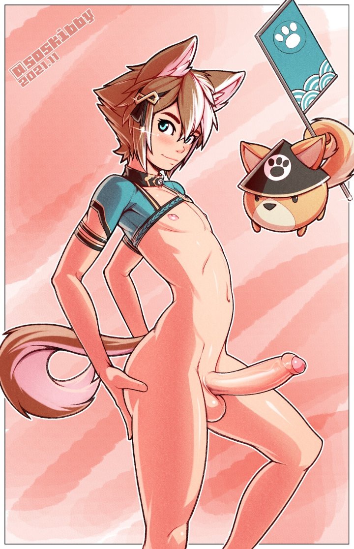 1boy, big penis, foreskin, gay, genshin impact, gorou (genshin impact), nude, skibby, skinny, solo, twink
