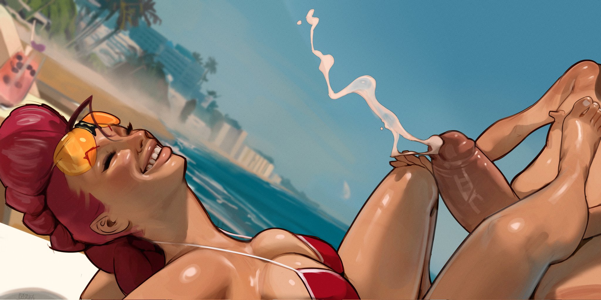 1boy, 1boy1girl, 1girls, beach, beach sex, big cock, bikini, braid, breasts, capcom, cleavage, crimson viper, cum, cum outside, duo, ejaculation, grin, head out of frame, huge cock, large breasts, lips, magicmoonsarts, old man, outdoors, projectile cum, red bikini, red hair, solo focus, street fighter, street fighter iv, sunglasses on head, tan, tan body