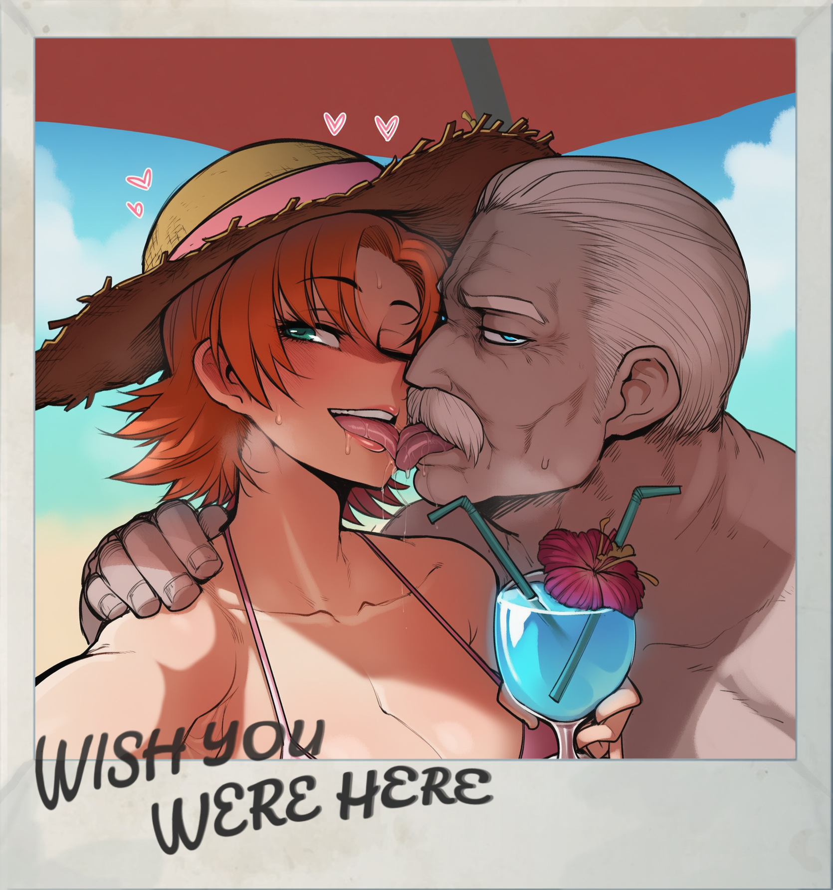 1boy, 1girls, ai generated, beach, bikini, blue eyes, blurry background, blush, drink, drooling, hand on shoulder, jacques schnee, jazzifu, light-skinned female, light-skinned male, looking at viewer, moustache, netorare, nora valkyrie, ocean, older male, older male and younger female, orange hair, outside, polaroid, polaroid photo, protagonistsub antagonistdom, rwby, self upload, sunhat, sweat, text, tongue, tongue kiss, tongue out, white hair