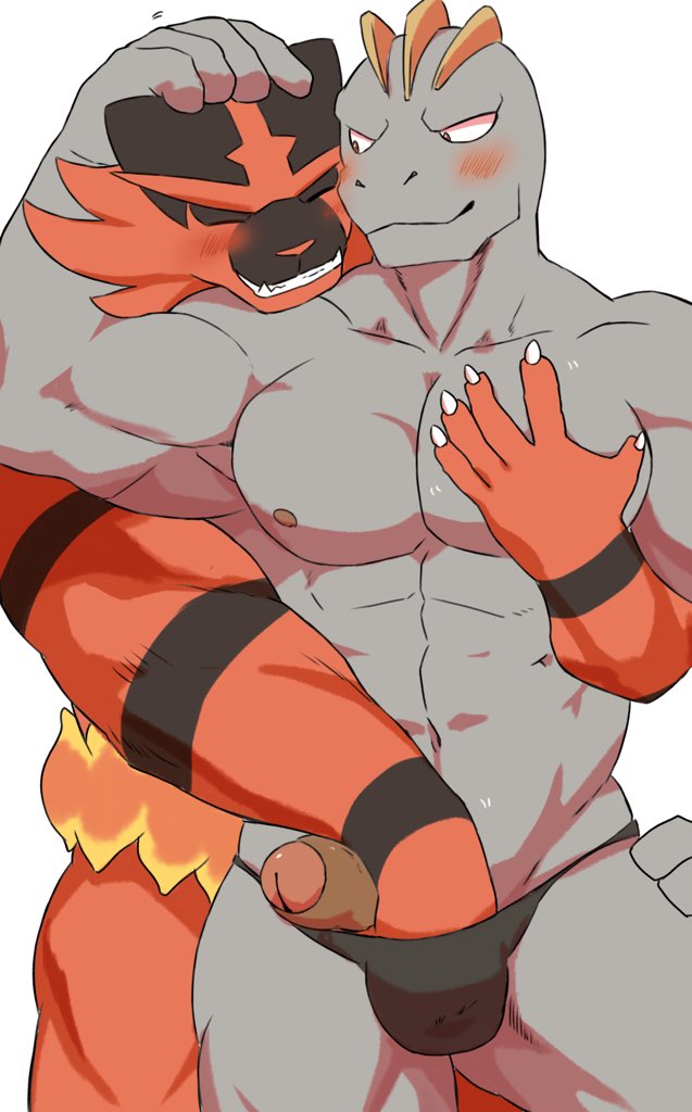 2019 2boys 5_fingers abs anthro barazoku biceps black_body black_fur blush clothing duo felid feline fingers foreskin from_behind_position fur grey_body grey_skin grope hand_in_underwear hand_on_head humanoid humanoid_penis incineroar machoke male male/male male_only mammal muscular muscular_male nintendo nipples penis pokémon_(species) pokemon pokemon_(species) pokemon_rgby pokemon_sm red_body red_fur sex smile thong underwear video_games yoshizaurusu_n