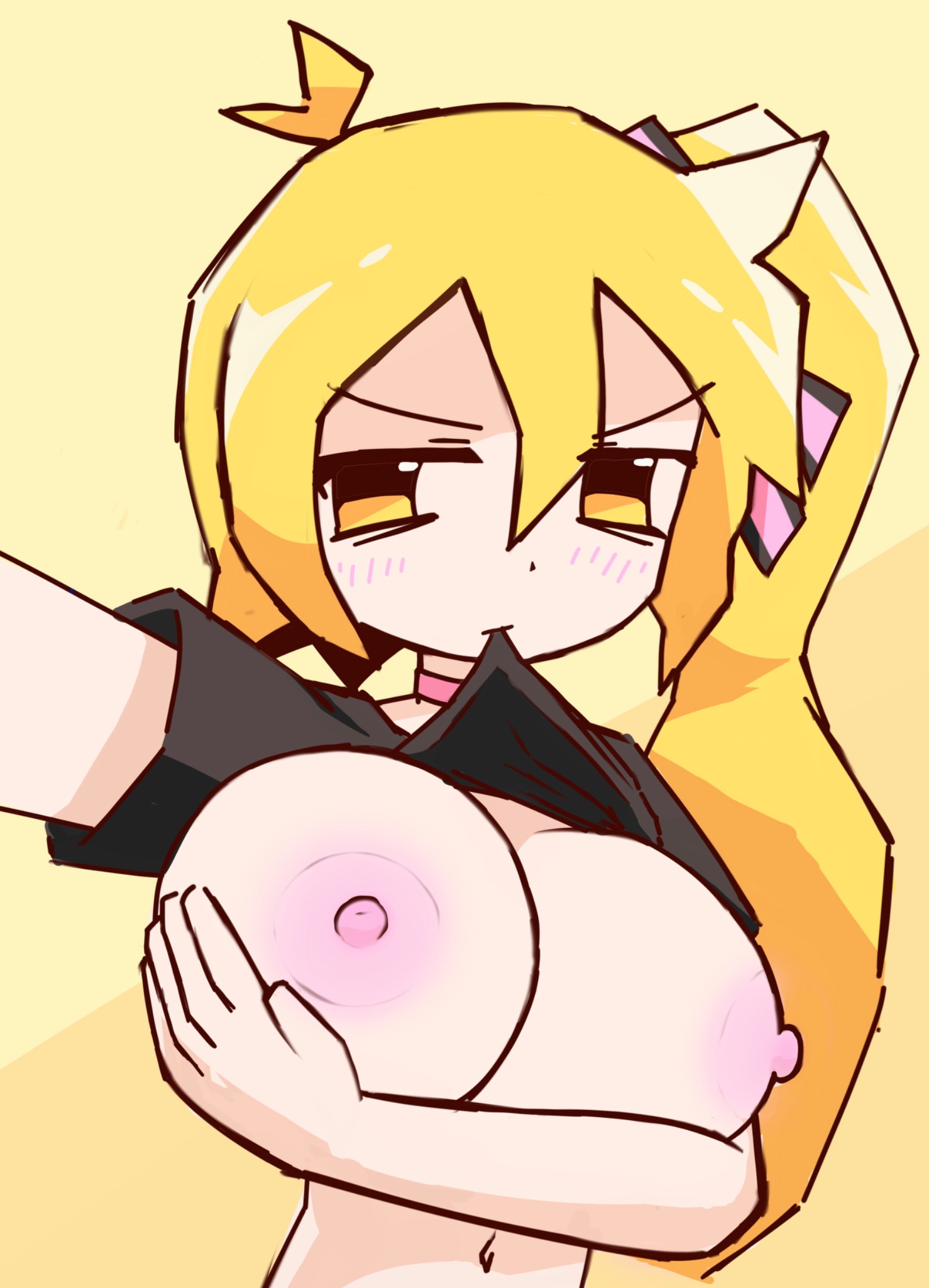 1girls, ahoge, akita neru, areolae, big breasts, black bow, black shirt, blonde hair, blush, bow, breasts, choker, clothing, color, double ahoge, fanloid, female, female focus, female only, flop era (vocaloid), god bless rule34 comments, hairbow, holding breasts, huge breasts, human, human only, light skin, long hair, looking at viewer, multicolored bow, mv character, navel, nipples, partially clothed, pink bow, pink choker, ponytail, selfie, shirt, shirt lift, simple background, solo, swoiffer2, twitter link, vocaloid, yellow background, yellow eyes
