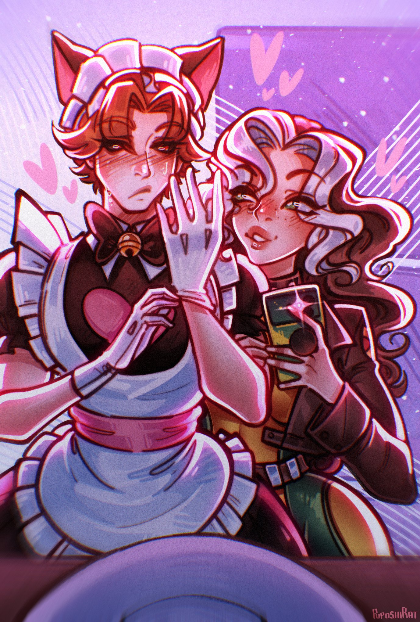 2d, anna marie, blush, blushing, brown hair, canon couple, cat ears, catboy, couple, crossdressing, crossdressing male, floating heart, floating hearts, gambit, gambit (marvel rivals), gloves, husband and wife, looking at partner, maid, maid outfit, maid uniform, marvel, marvel comics, marvel rivals, mirror selfie, multicolored hair, mutant love, page 1, poposhirat, red hair, remy lebeau, rogue (marvel rivals), rogue (x-men)
