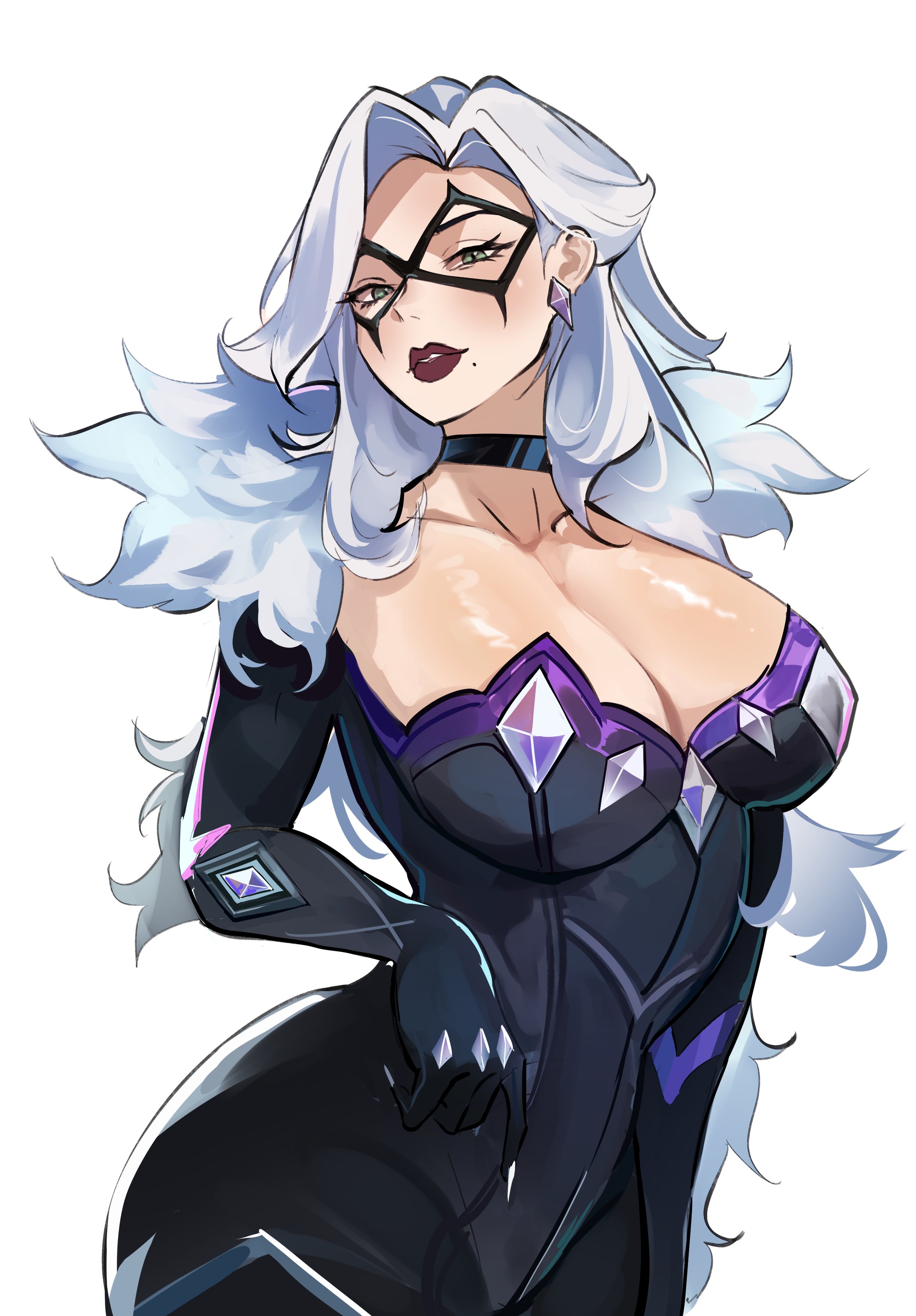 1girls, 2026, 2d, alluring, big breasts, black cat (marvel rivals), black cat (marvel), bodysuit, breasts, bursting breasts, choker, cleavage, collar, curvaceous, curvaceous body, curvaceous female, curvaceous figure, curvaceous hips, curvy, curvy body, curvy female, curvy figure, curvy hips, earrings, enticing, felicia hardy, female, green eyes, hips, hourglass figure, huge breasts, large breasts, layton (sanlayton), light skin, light-skinned female, looking at viewer, marvel, marvel comics, marvel rivals, massive breasts, questionable, red lipstick, seducing, seductive, seductive look, sfw, shiny, shiny breasts, shiny skin, skin tight, solo, solo female, spider-man (series), superheroine, teasing, teasing viewer, temptation, tempting, tempting viewer, thick, thick breasts, thick hips, thick lips, thick thighs, tight clothes, tight clothing, voluptuous, voluptuous female, white background, white fur, white hair, wide hips