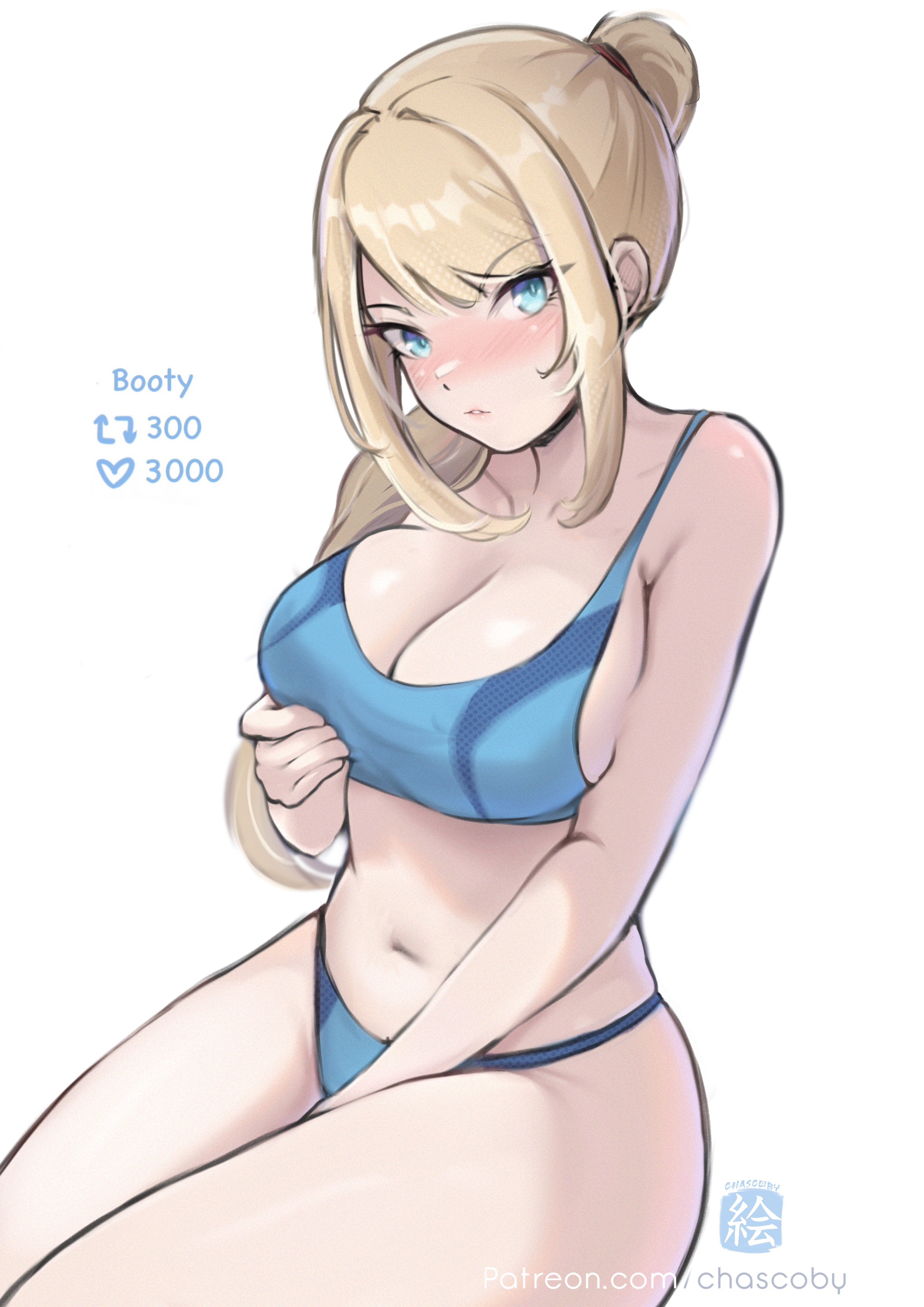 1girl, absurdres, artist name, big breasts, blonde hair, blue eyes, blue panties, blue sports bra, blush, blush lines, blushing, breasts, chascoby, cleavage, closed mouth, collarbone, commentary, english commentary, female, female only, hair up, high ponytail, highres, large breasts, long hair, looking at viewer, metroid, navel, nintendo, panties, patreon username, ponytail, samus aran, sidelocks, simple background, solo, sports bra, sportswear, stomach, thighs, underwear, web address